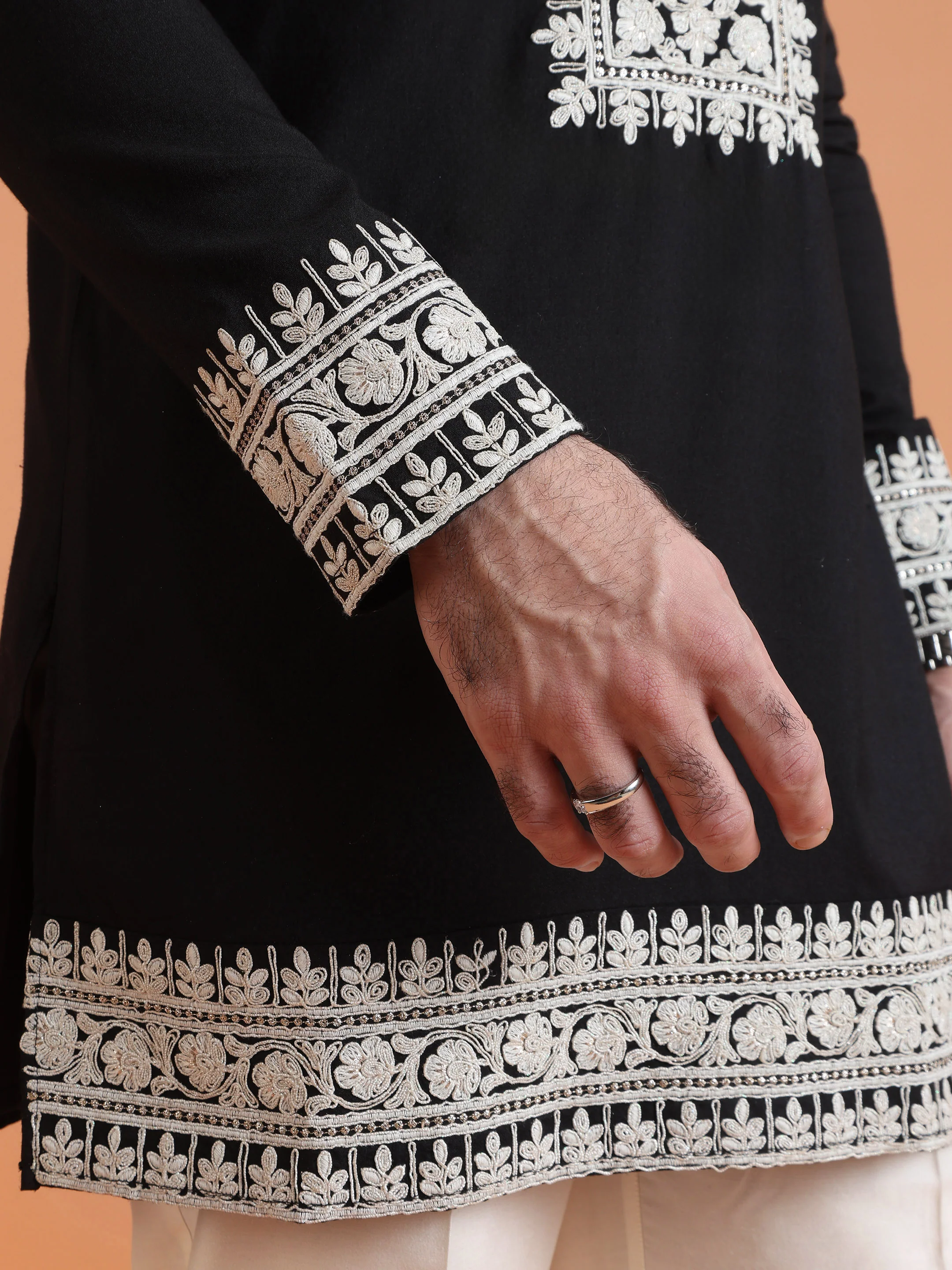 Black Embroidered Kurta with Cream Trouser Set - Image 6