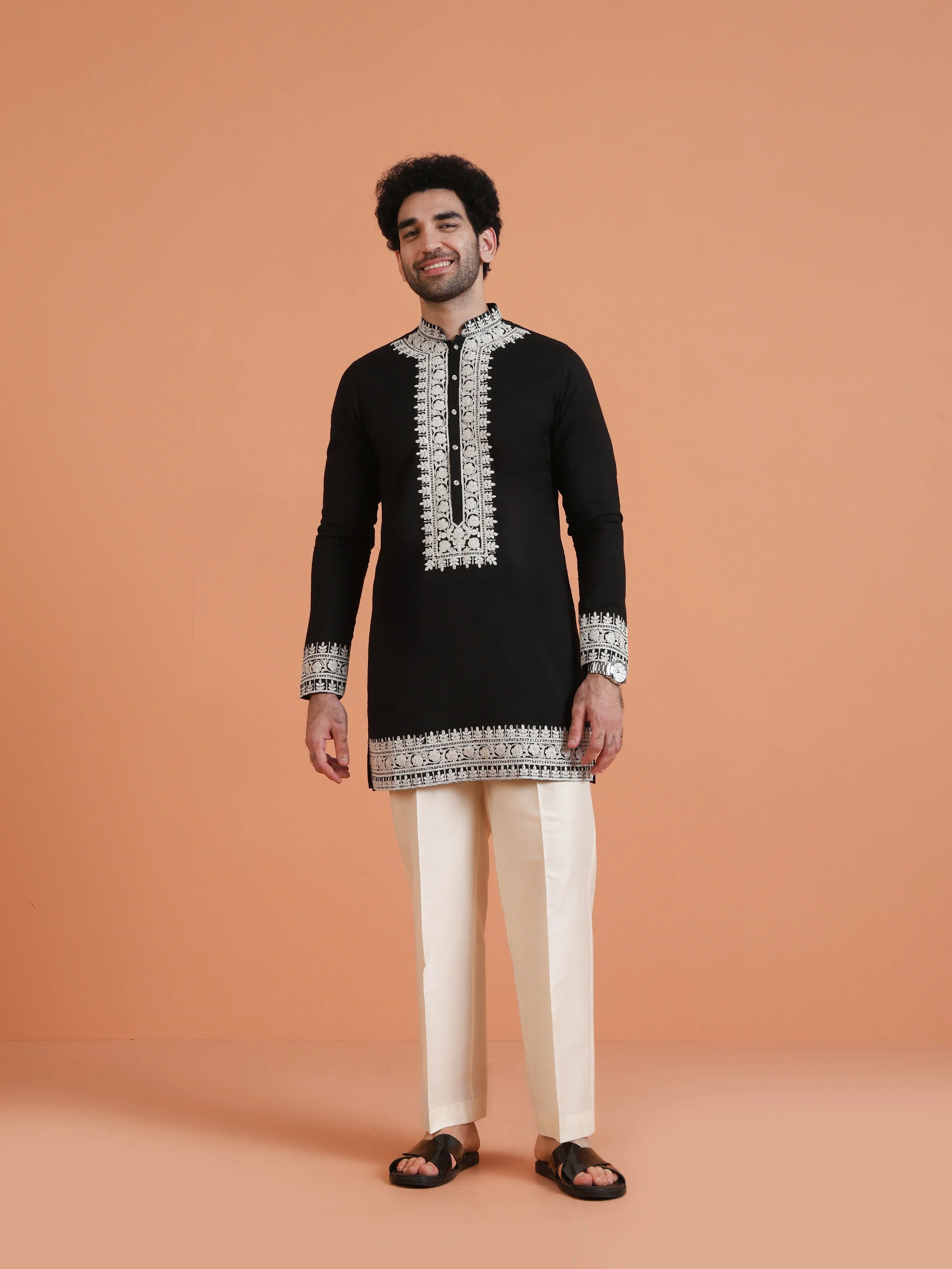 Black Embroidered Kurta with Cream Trouser Set - Image 8