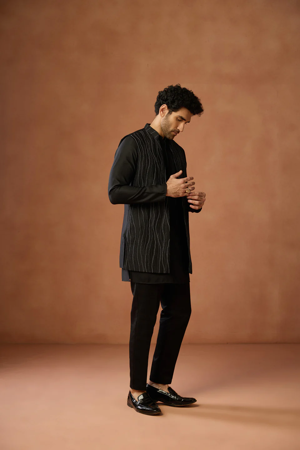 Black Embroidered Long Jacket Kurta Trouser Set - Image 2