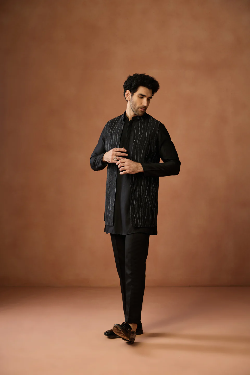 Black Embroidered Long Jacket Kurta Trouser Set - Image 3