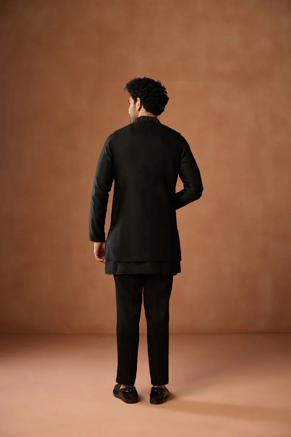 Black Embroidered Long Jacket Kurta Trouser Set - Image 4