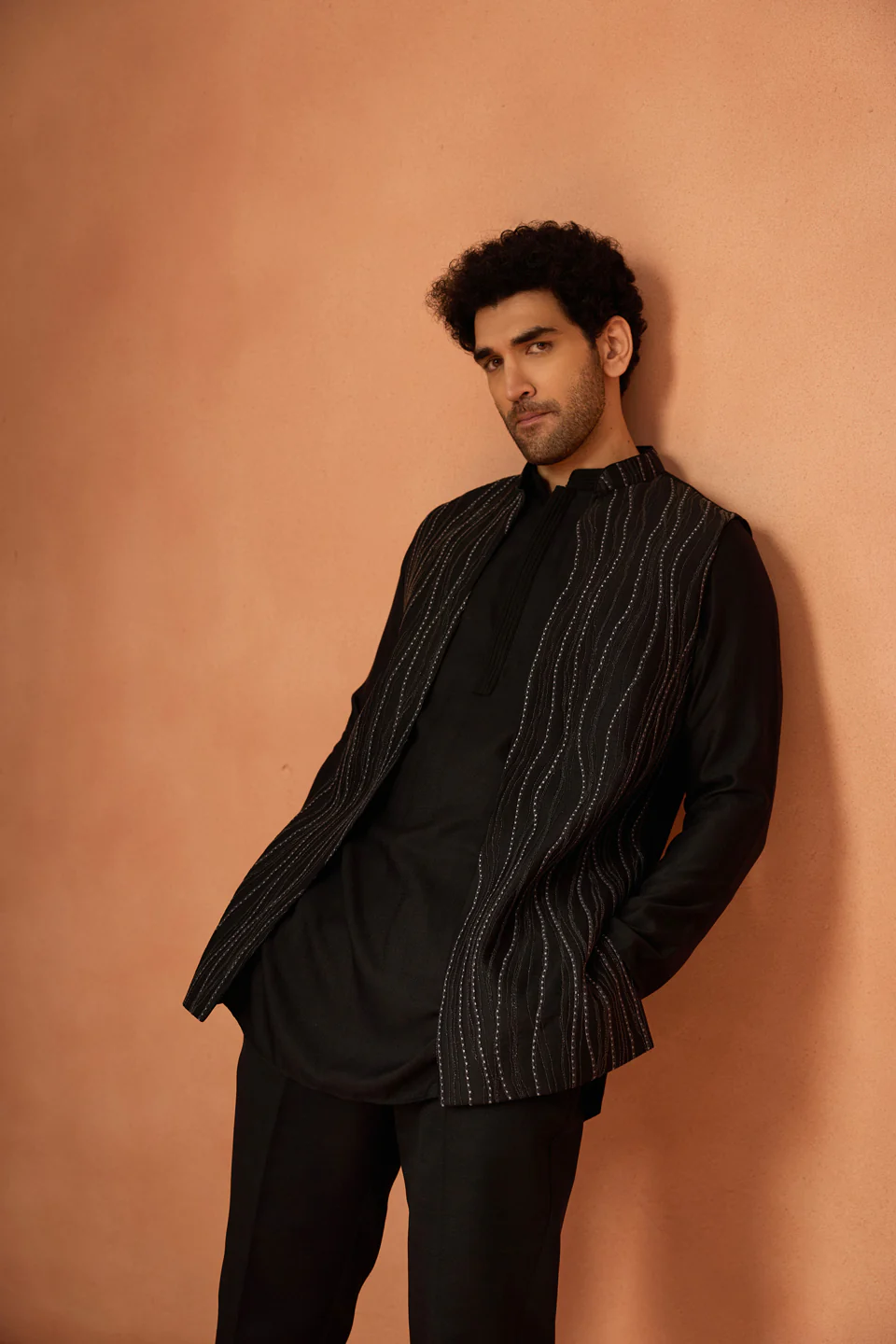 Black Embroidered Long Jacket Kurta Trouser Set - Image 8
