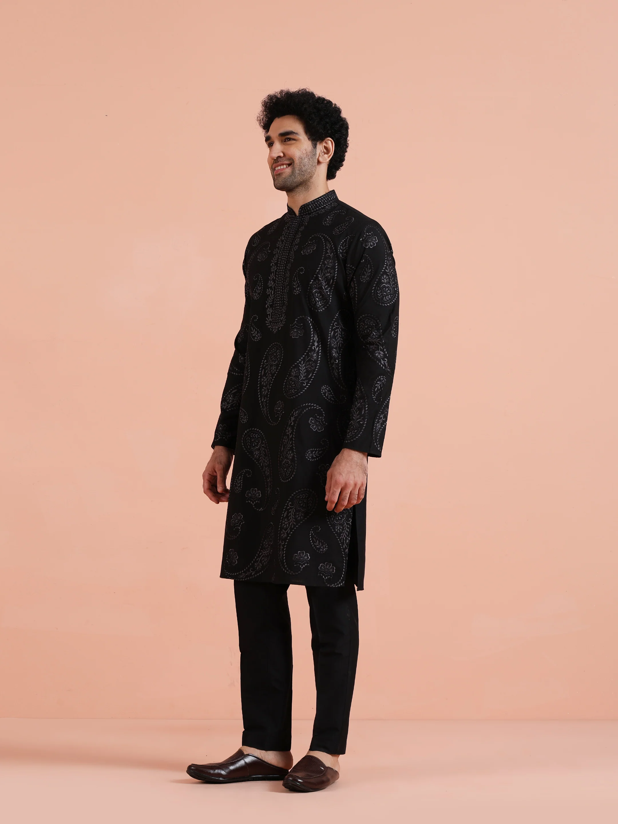 Black Embroidered Silk Blend Kurta - Image 2