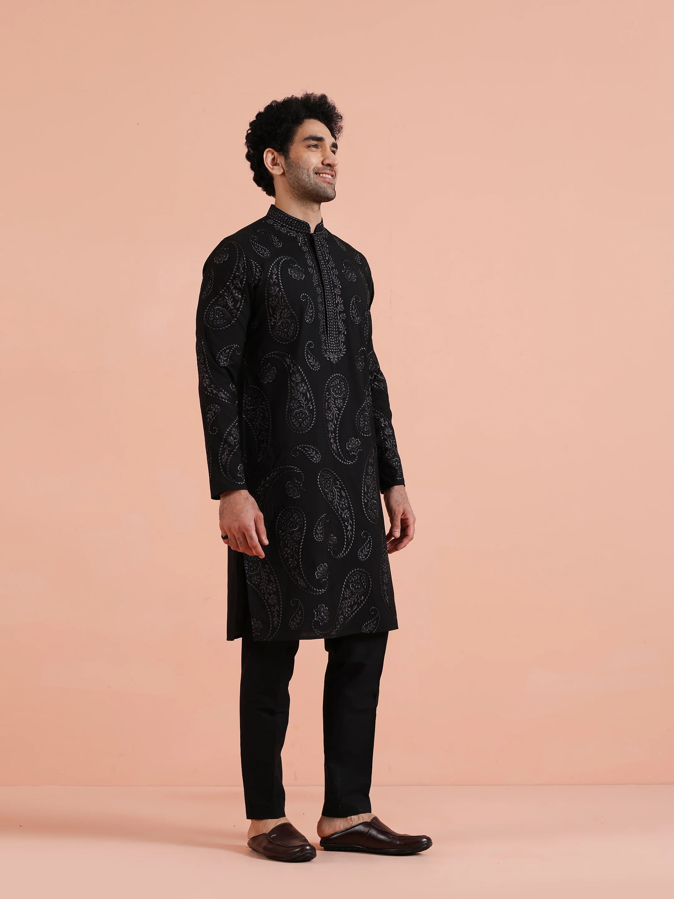 Black Embroidered Silk Blend Kurta - Image 3