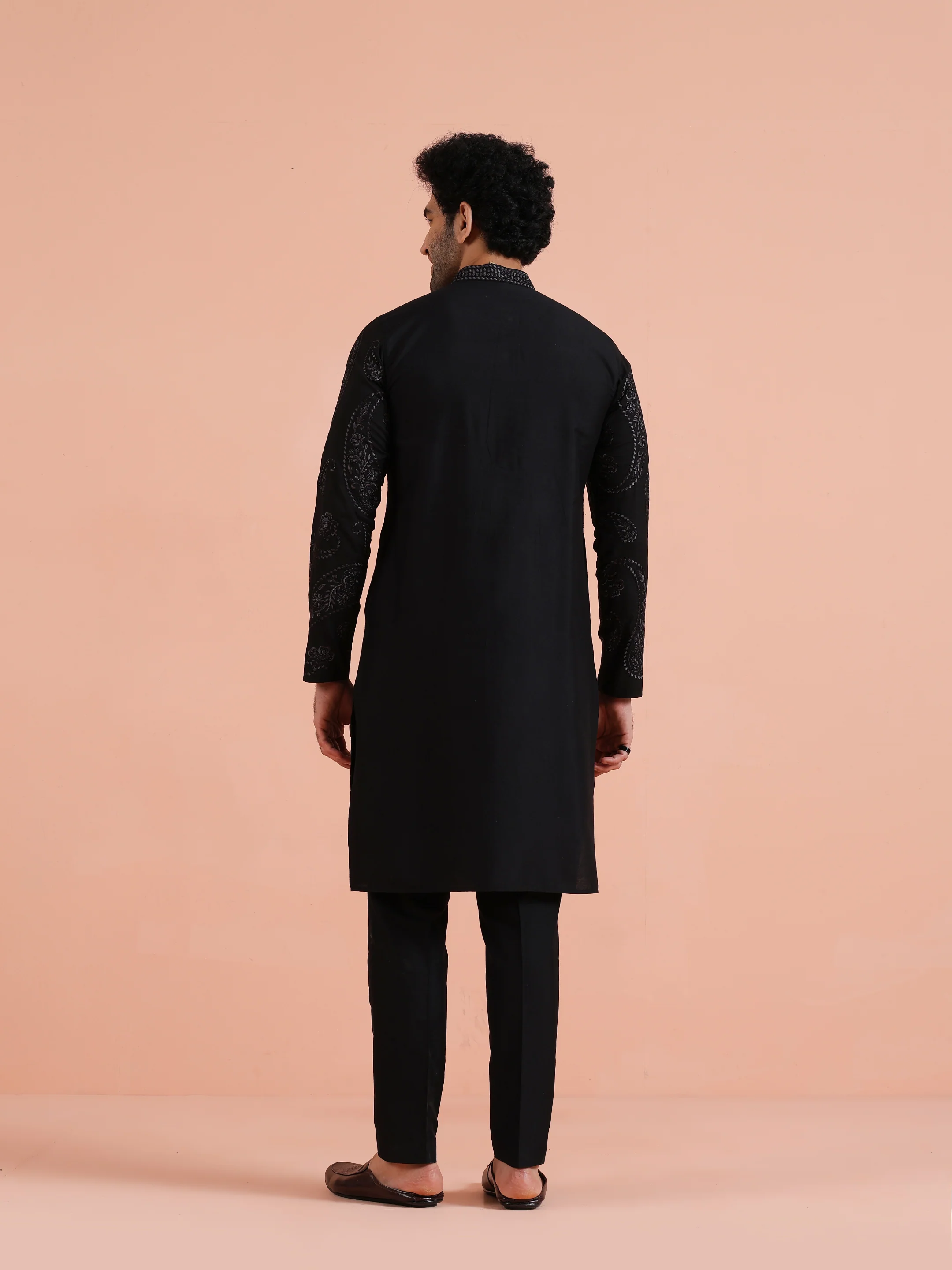 Black Embroidered Silk Blend Kurta - Image 4