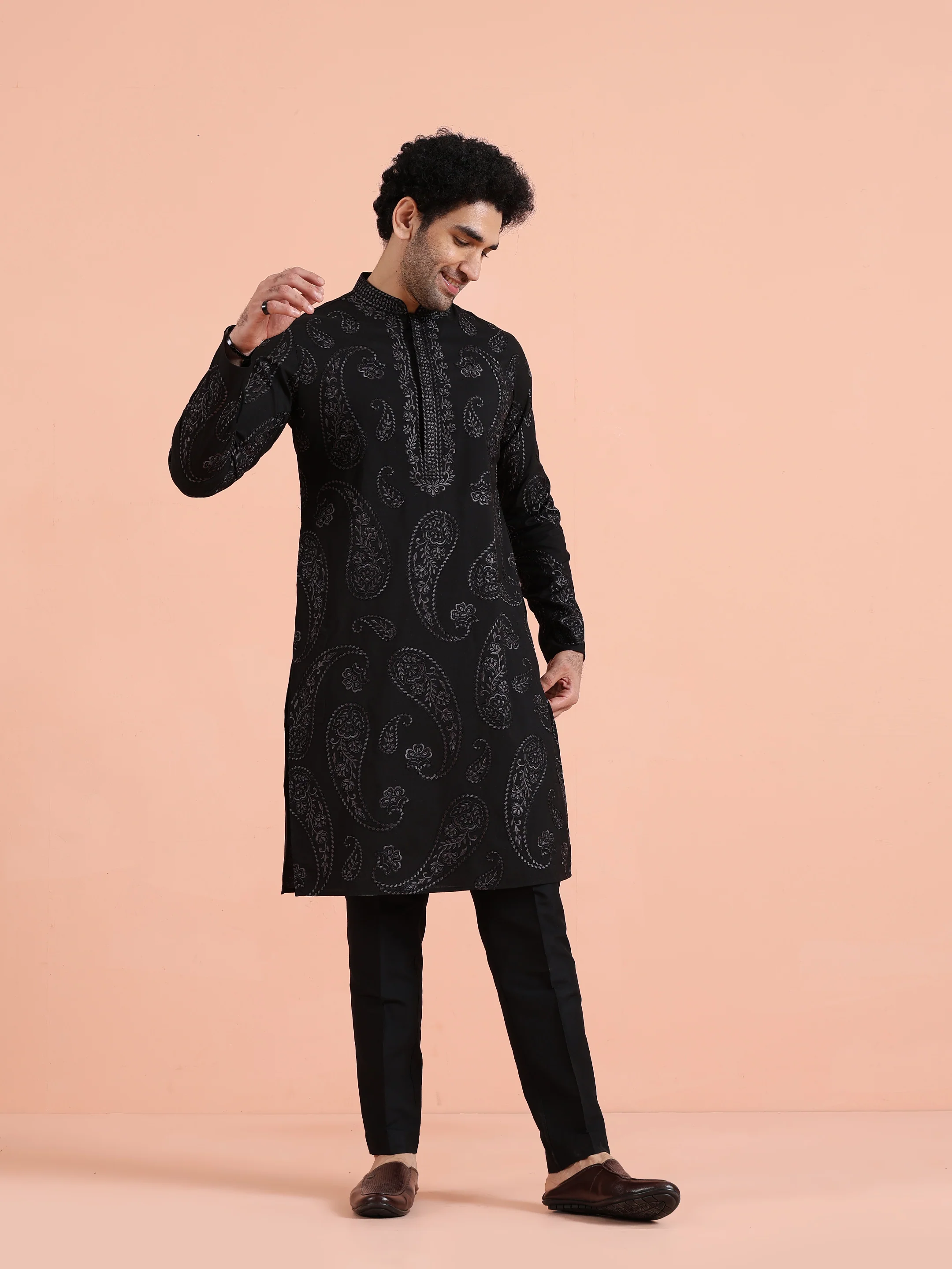 Black Embroidered Silk Blend Kurta - Image 6