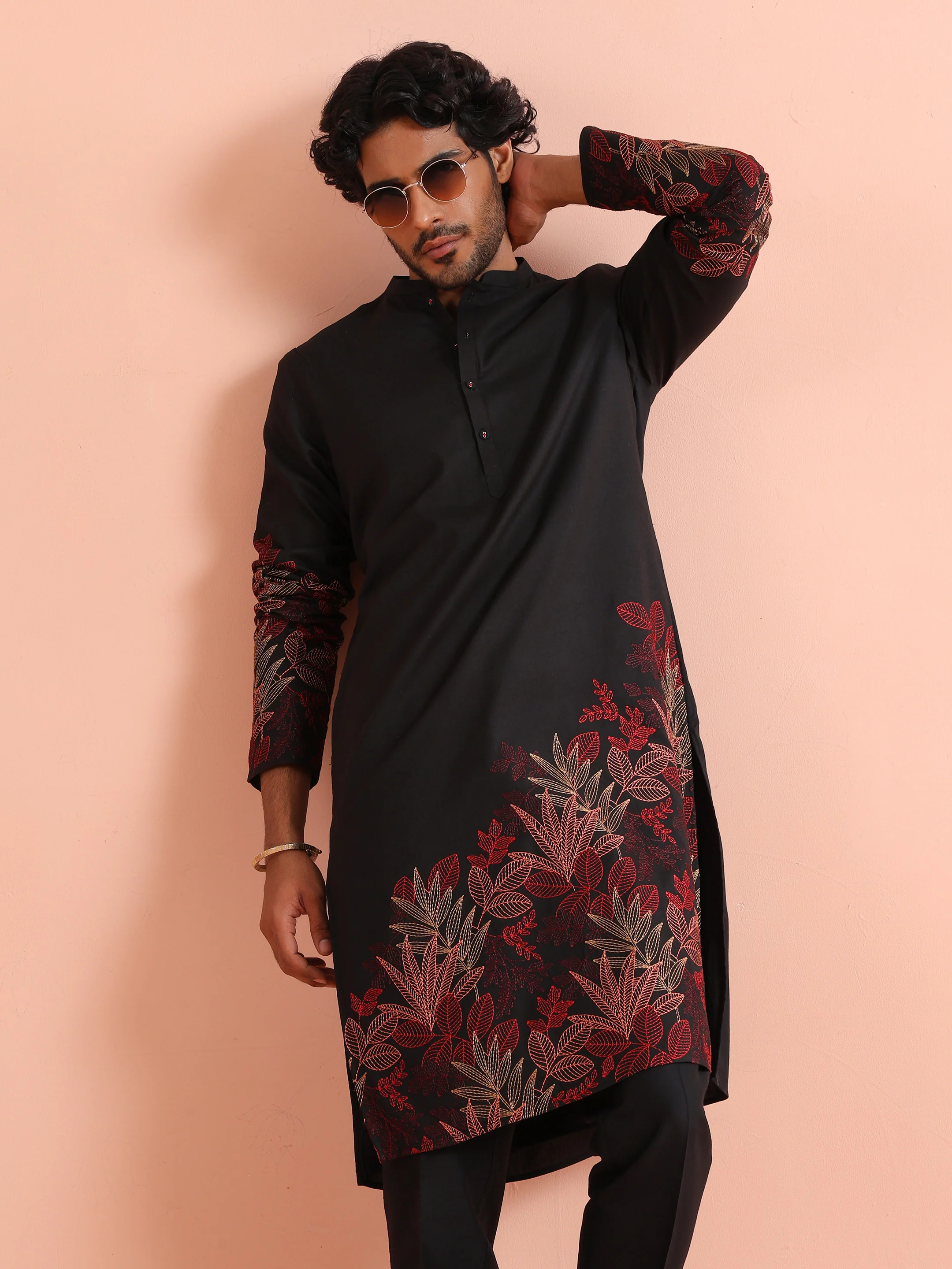 Black Floral Embroidered Kurta Trouser Set - Image 10