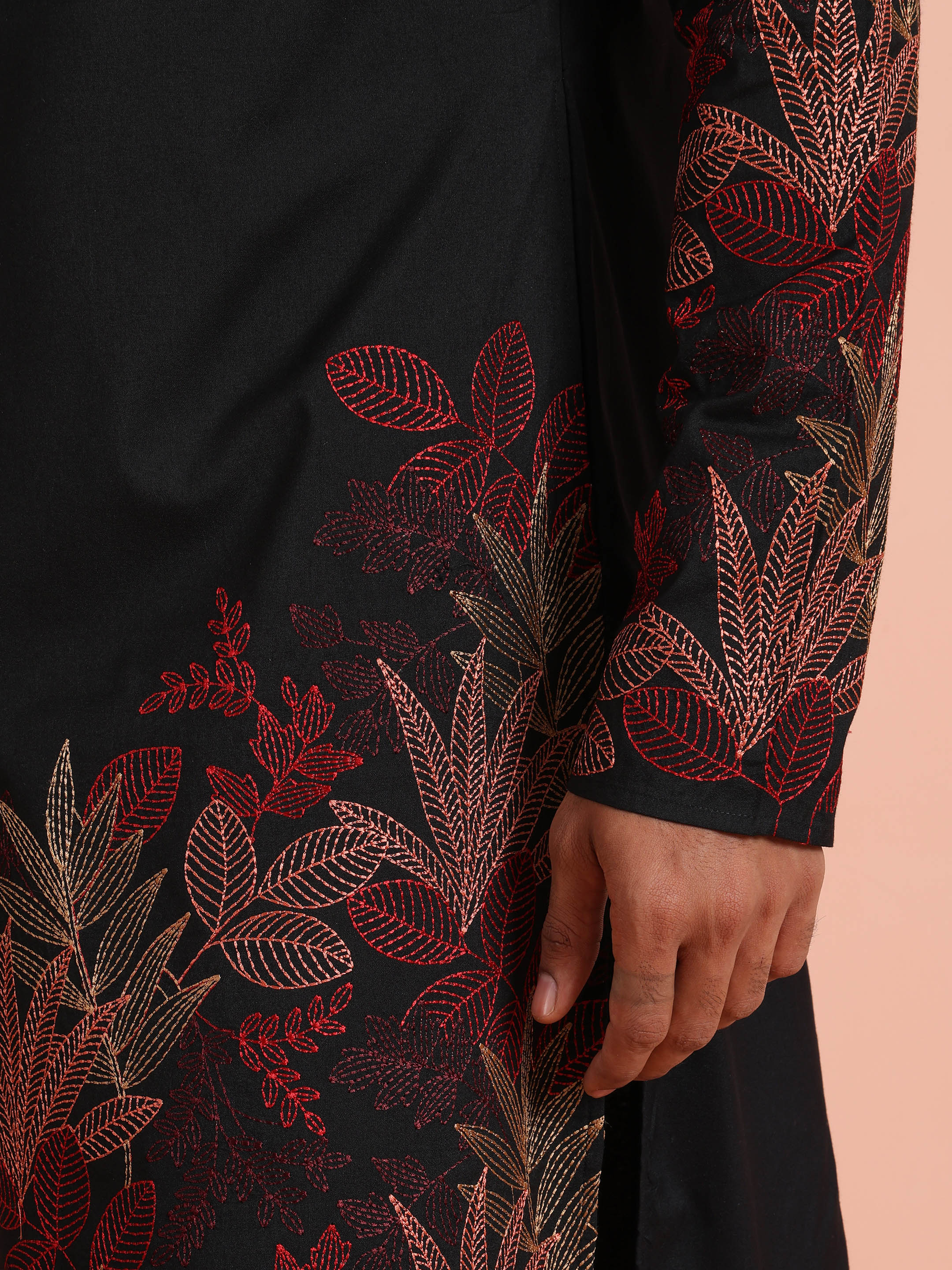 Black Floral Embroidered Kurta Trouser Set - Image 6