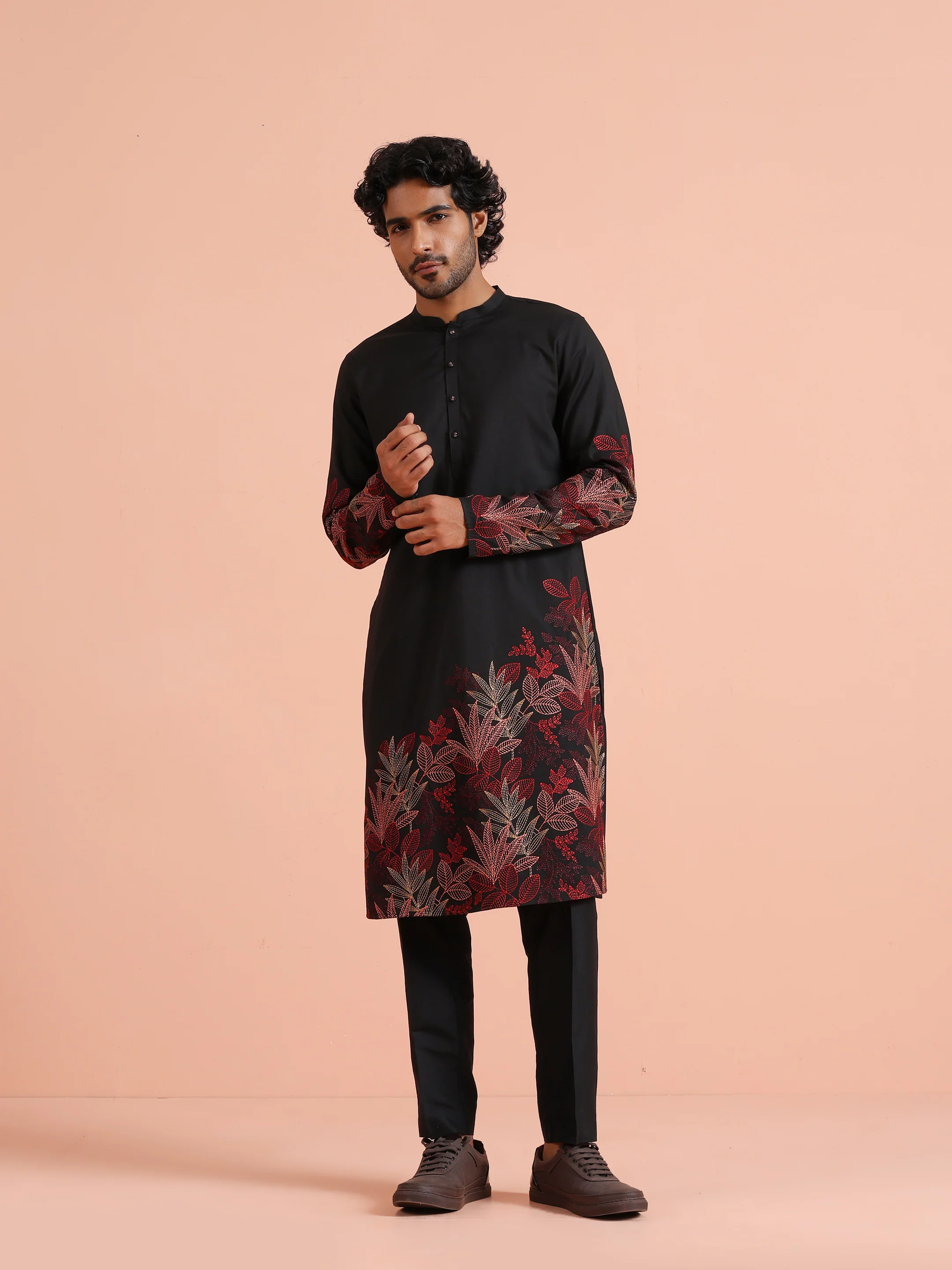 Black Floral Embroidered Kurta Trouser Set - Image 8