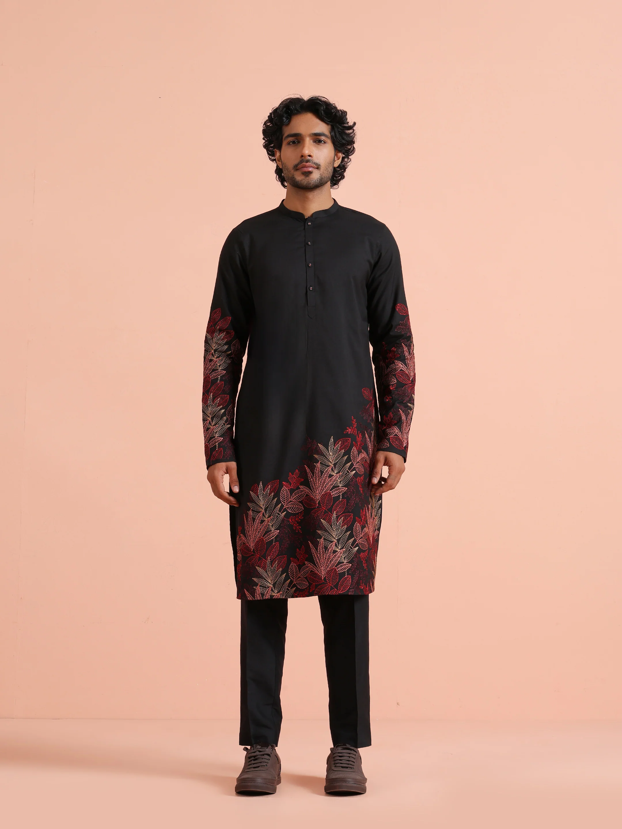Black Floral Embroidered Kurta Trouser Set - Image 9
