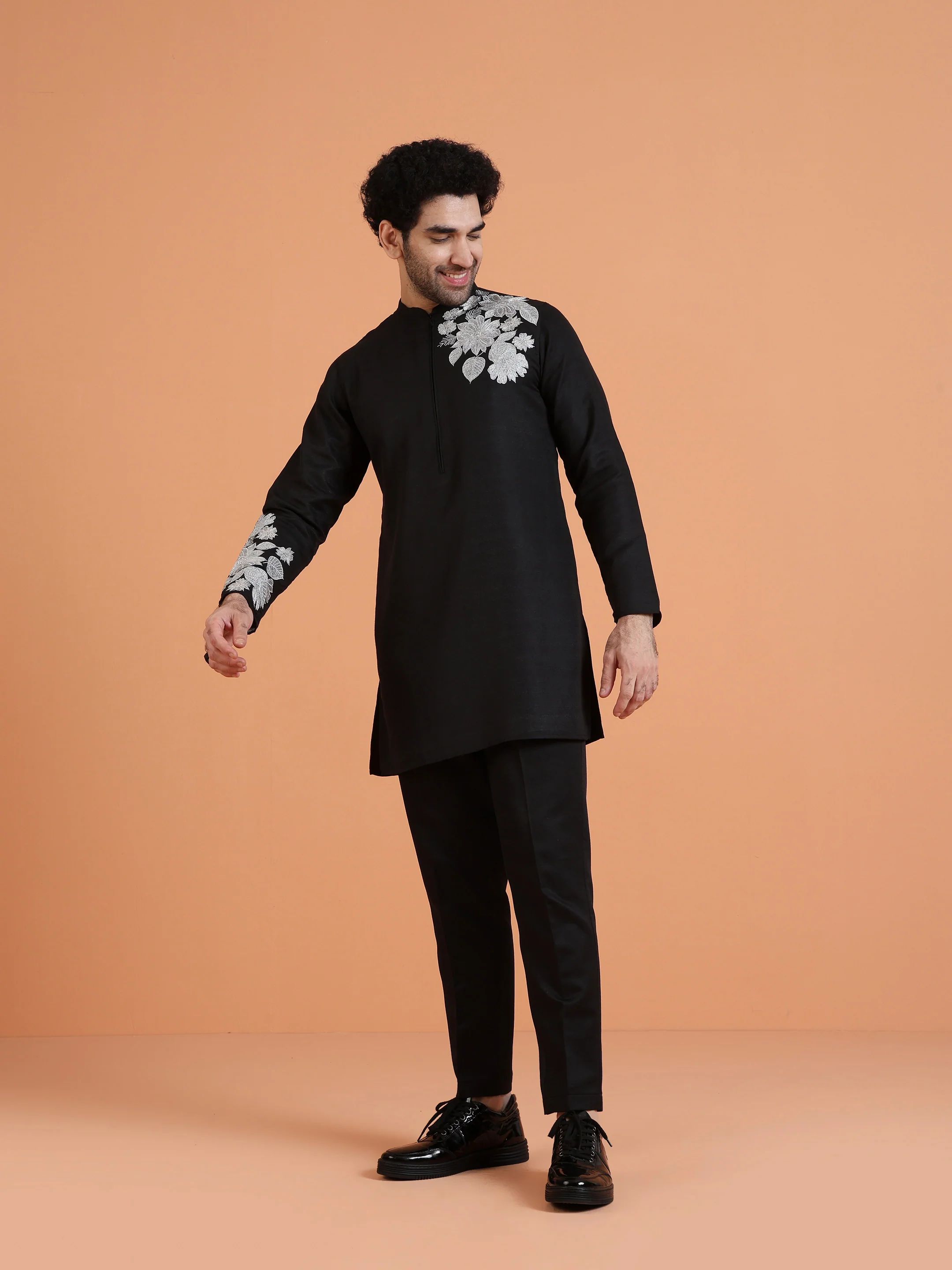 Black Floral Embroidered Kurta with Black Trouser Set for Festive Wear - Image 3