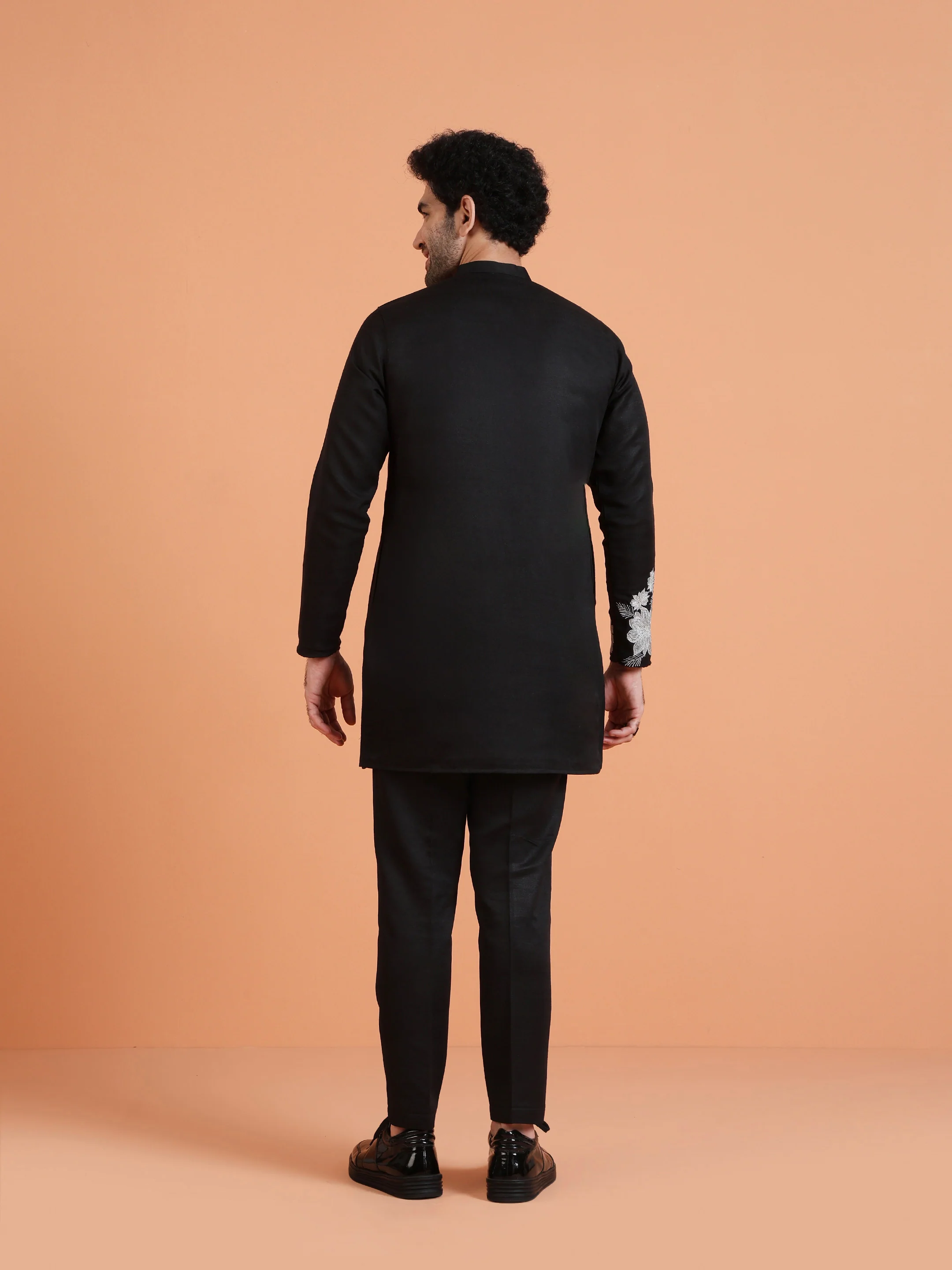 Black Floral Embroidered Kurta with Black Trouser Set for Festive Wear - Image 4