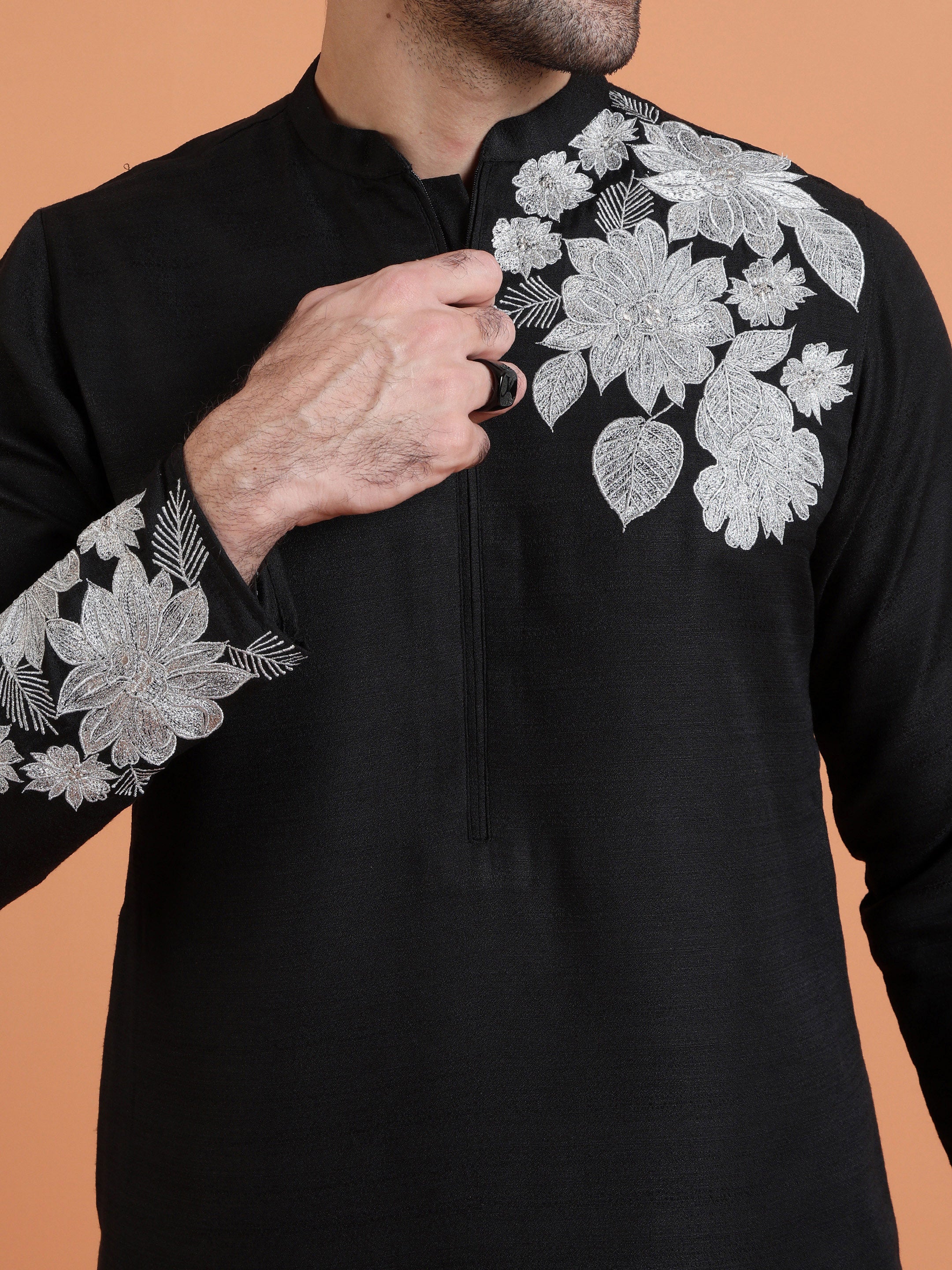 Black Floral Embroidered Kurta with Black Trouser Set for Festive Wear - Image 5