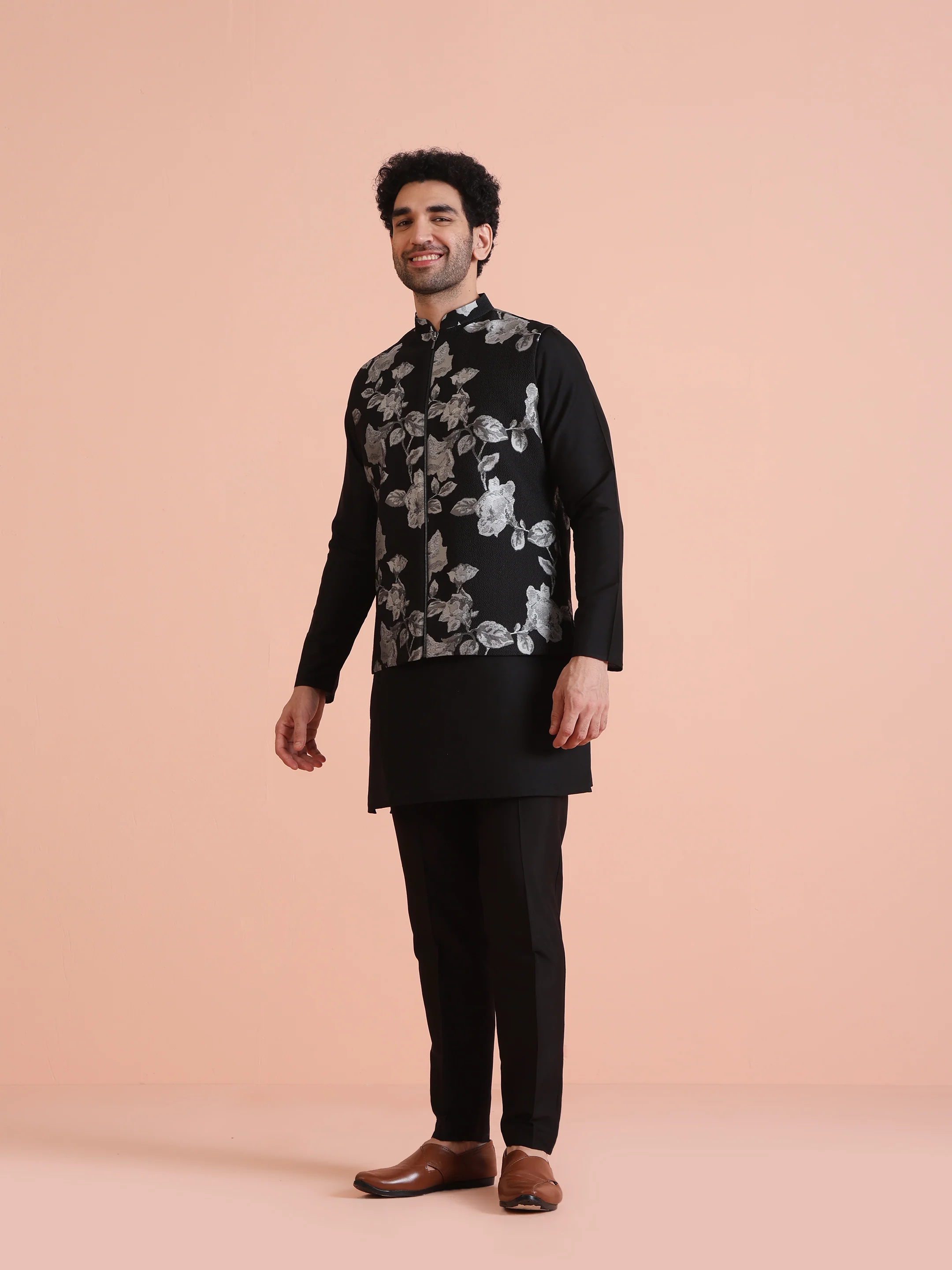 Black Floral Jacquard Nehru Jacket with Zip - Image 2
