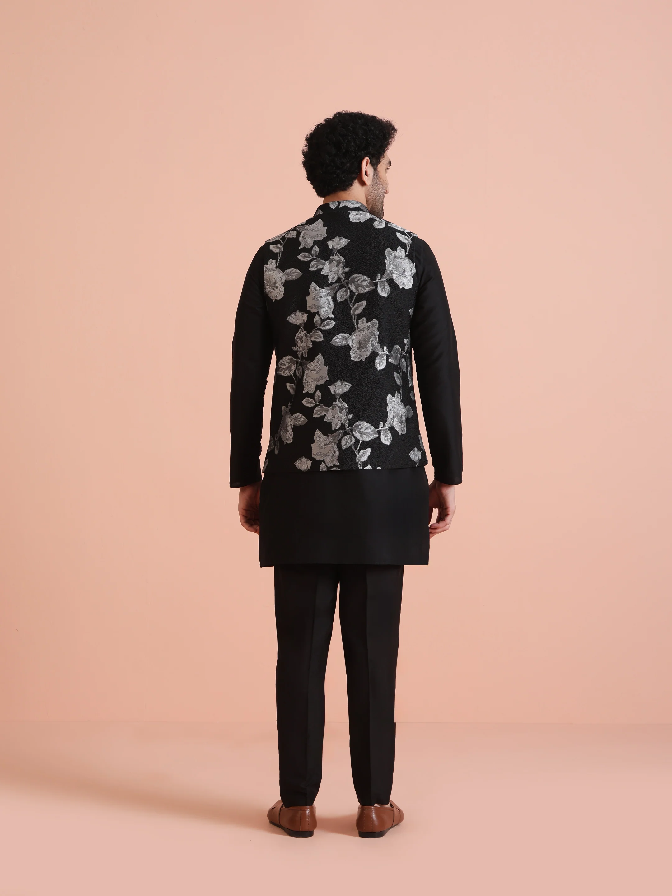 Black Floral Jacquard Nehru Jacket with Zip - Image 5
