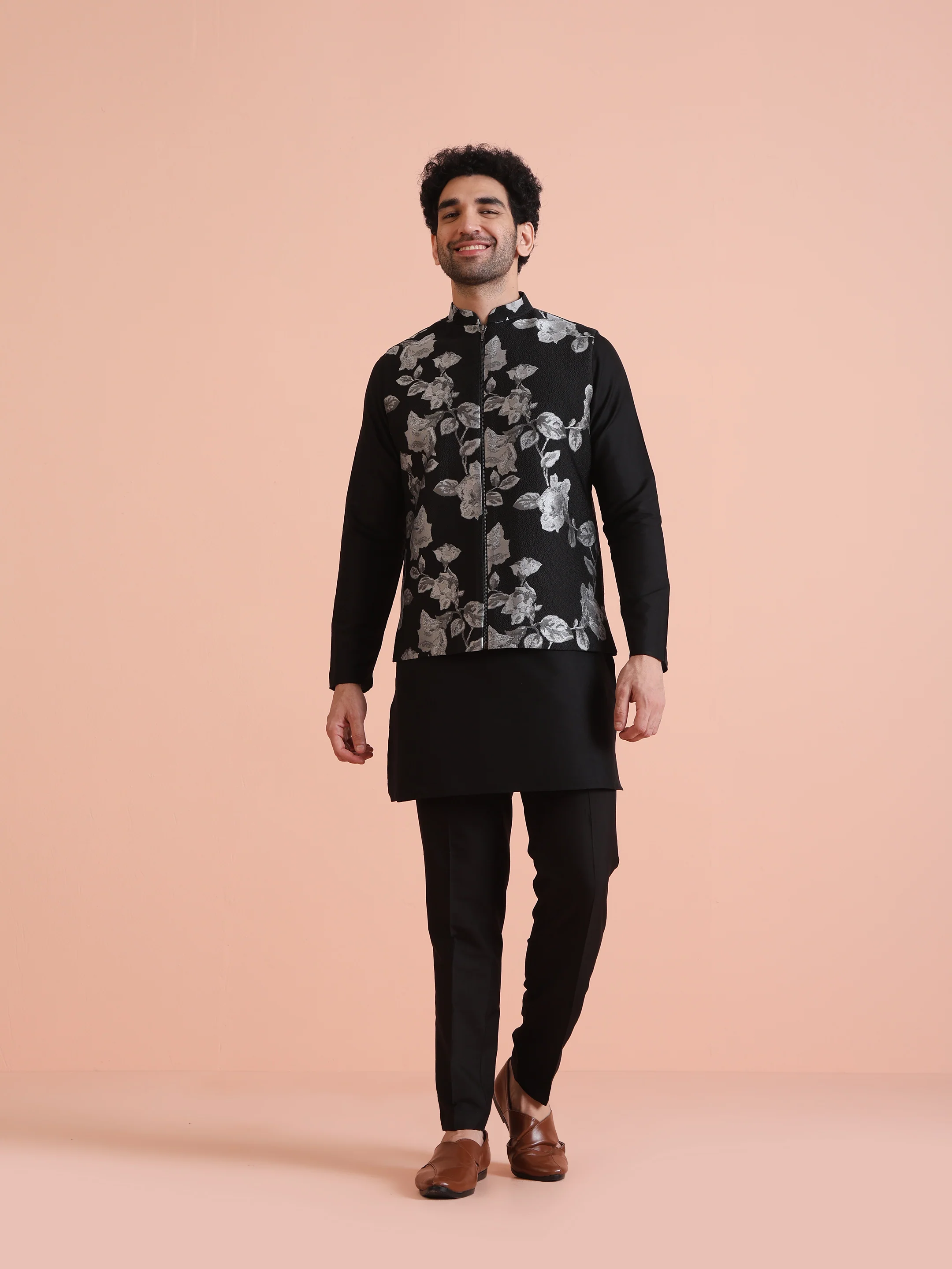 Black Floral Jacquard Nehru Jacket with Zip - Image 6