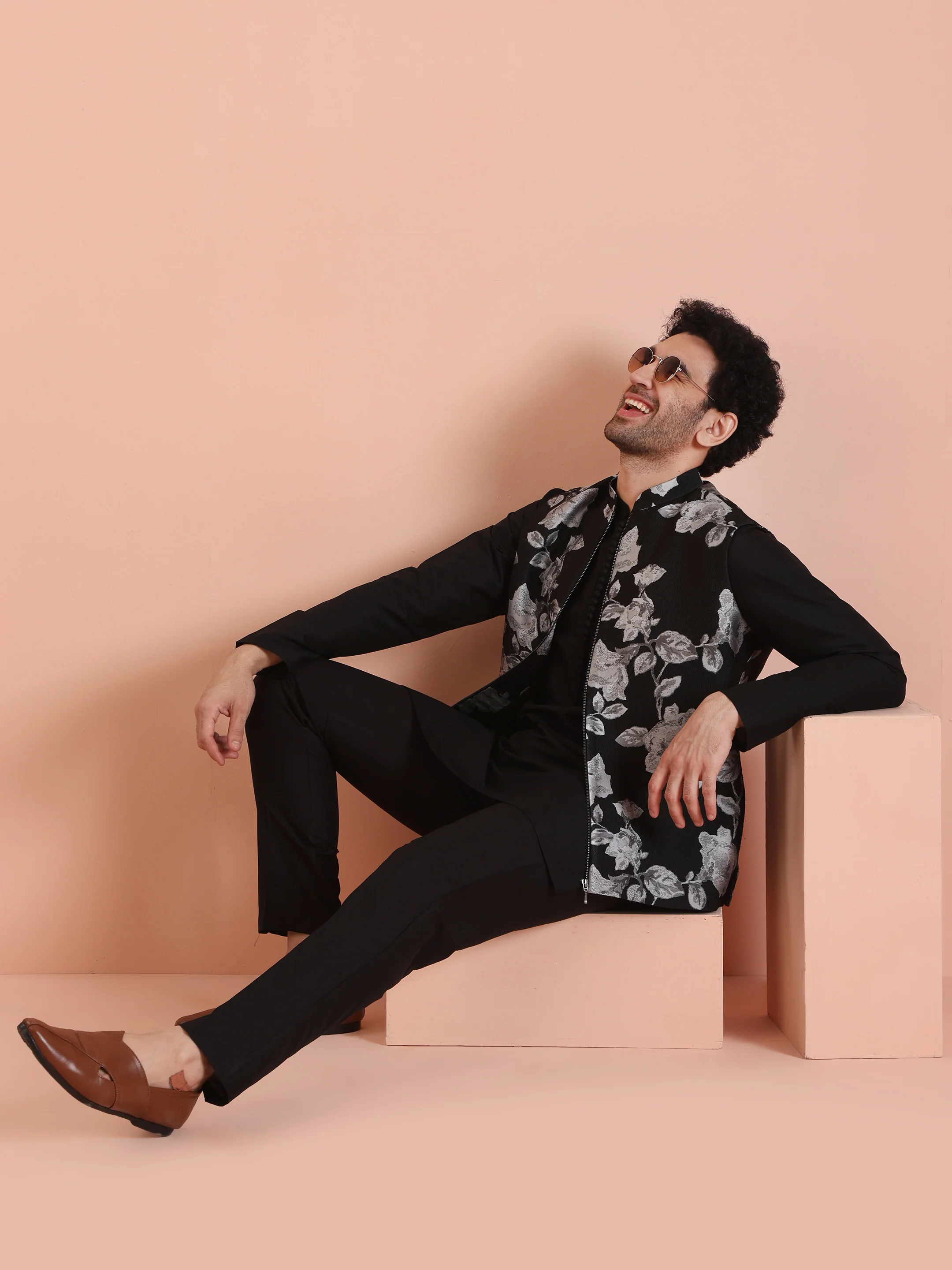 Black Floral Jacquard Nehru Jacket with Zip - Image 7