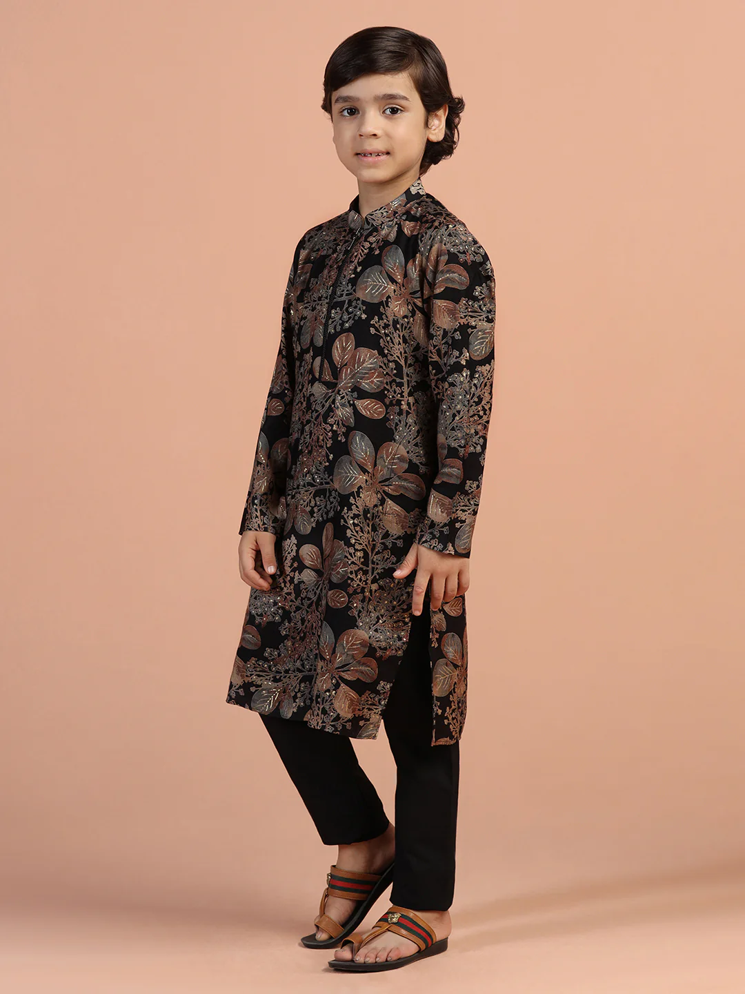 Black Floral Kids Kurta Set - Image 2