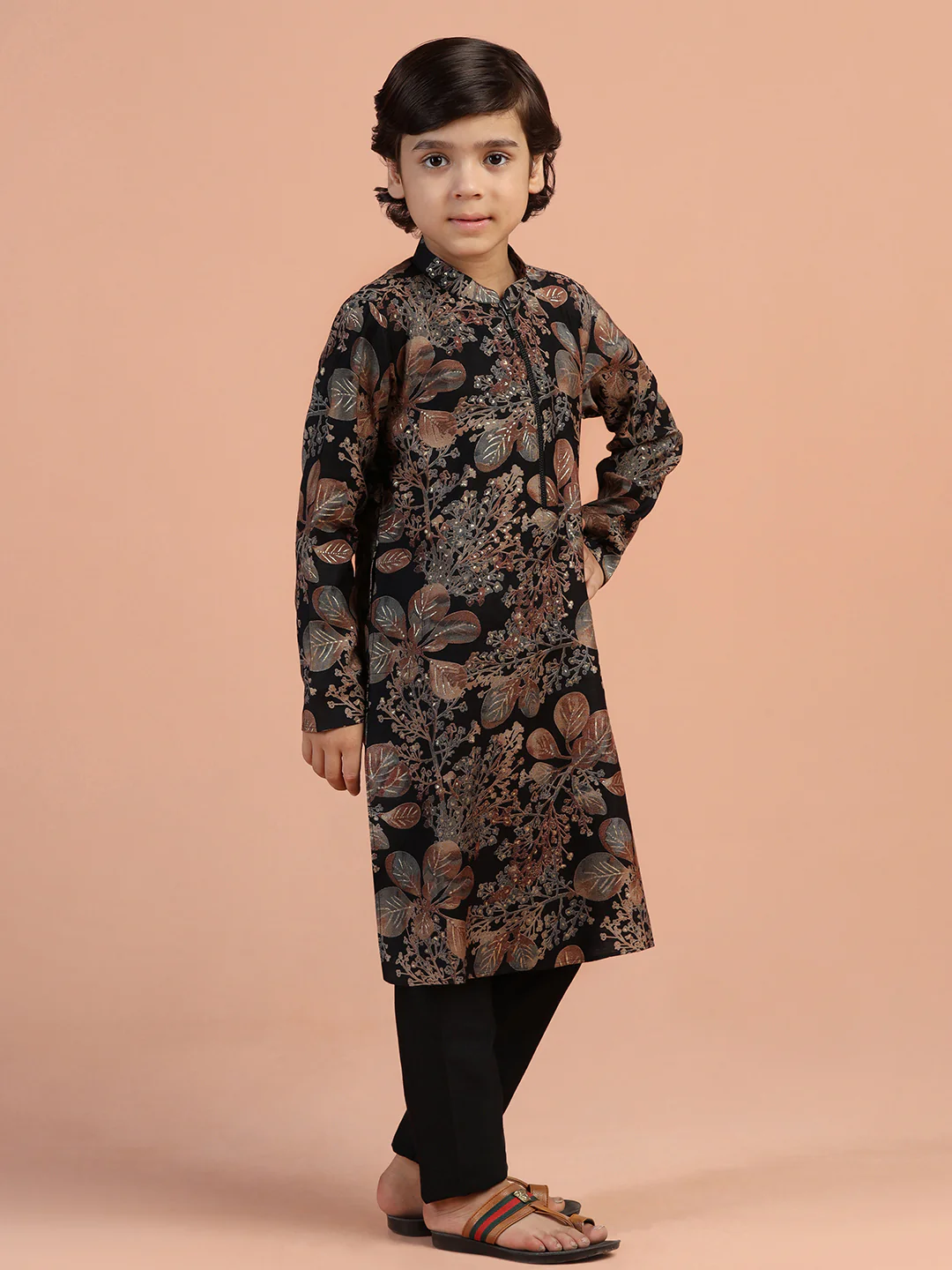 Black Floral Kids Kurta Set - Image 3