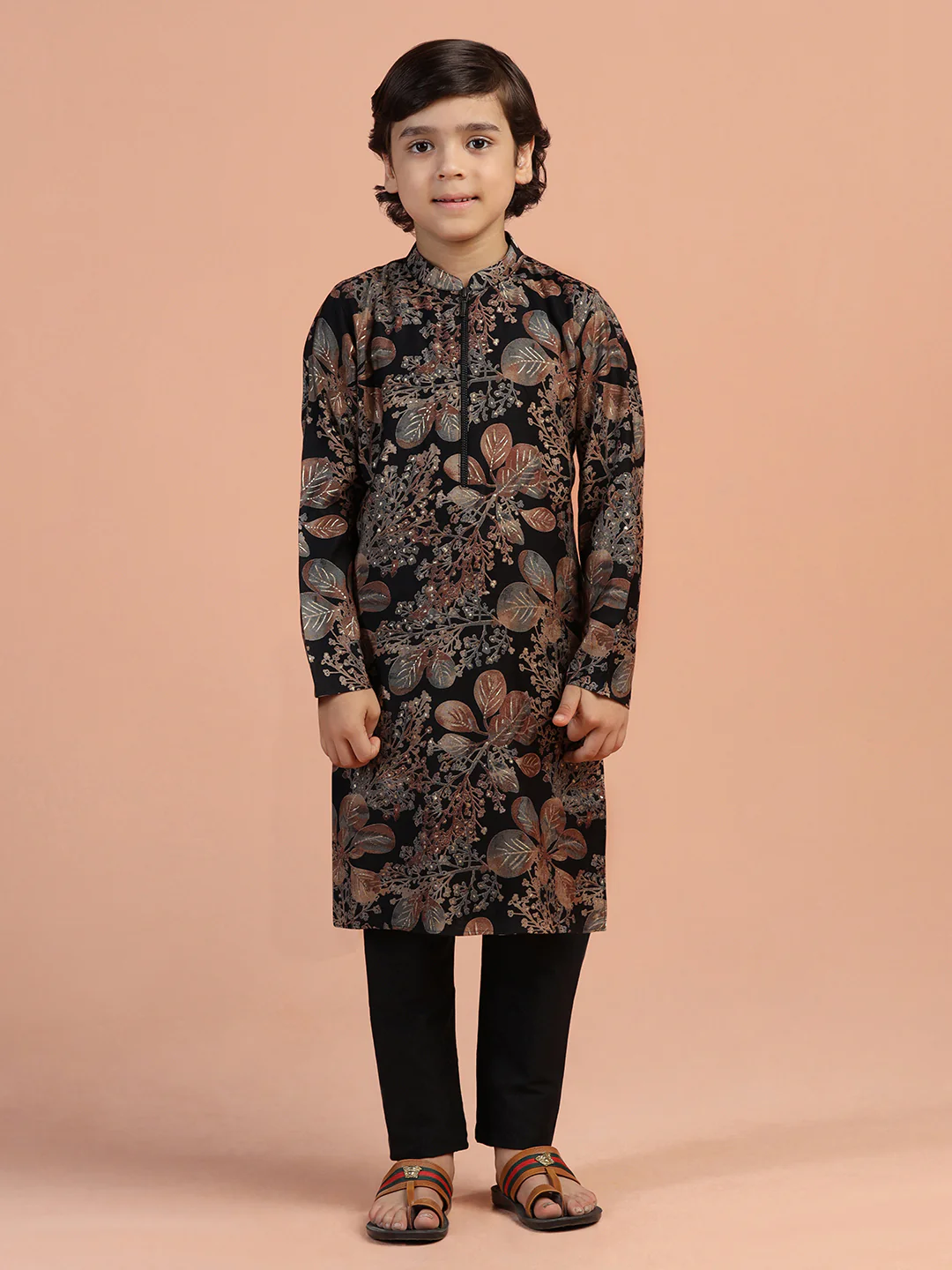 Black Floral Kids Kurta Set - Image 7