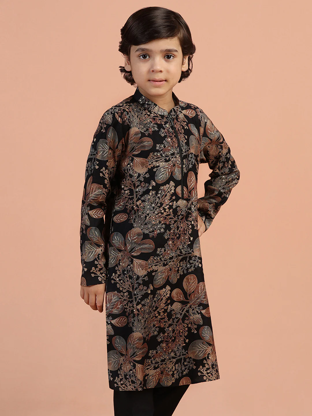 Black Floral Kids Kurta Set - Image 8