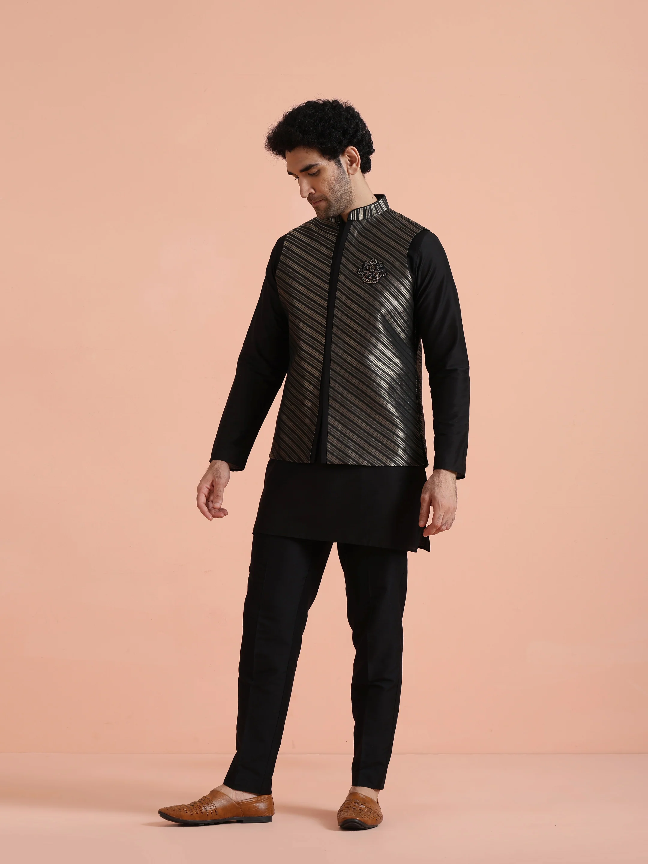 Black & Gold Striped Nehru Jacket  â€“ Stylish Festive - Image 3