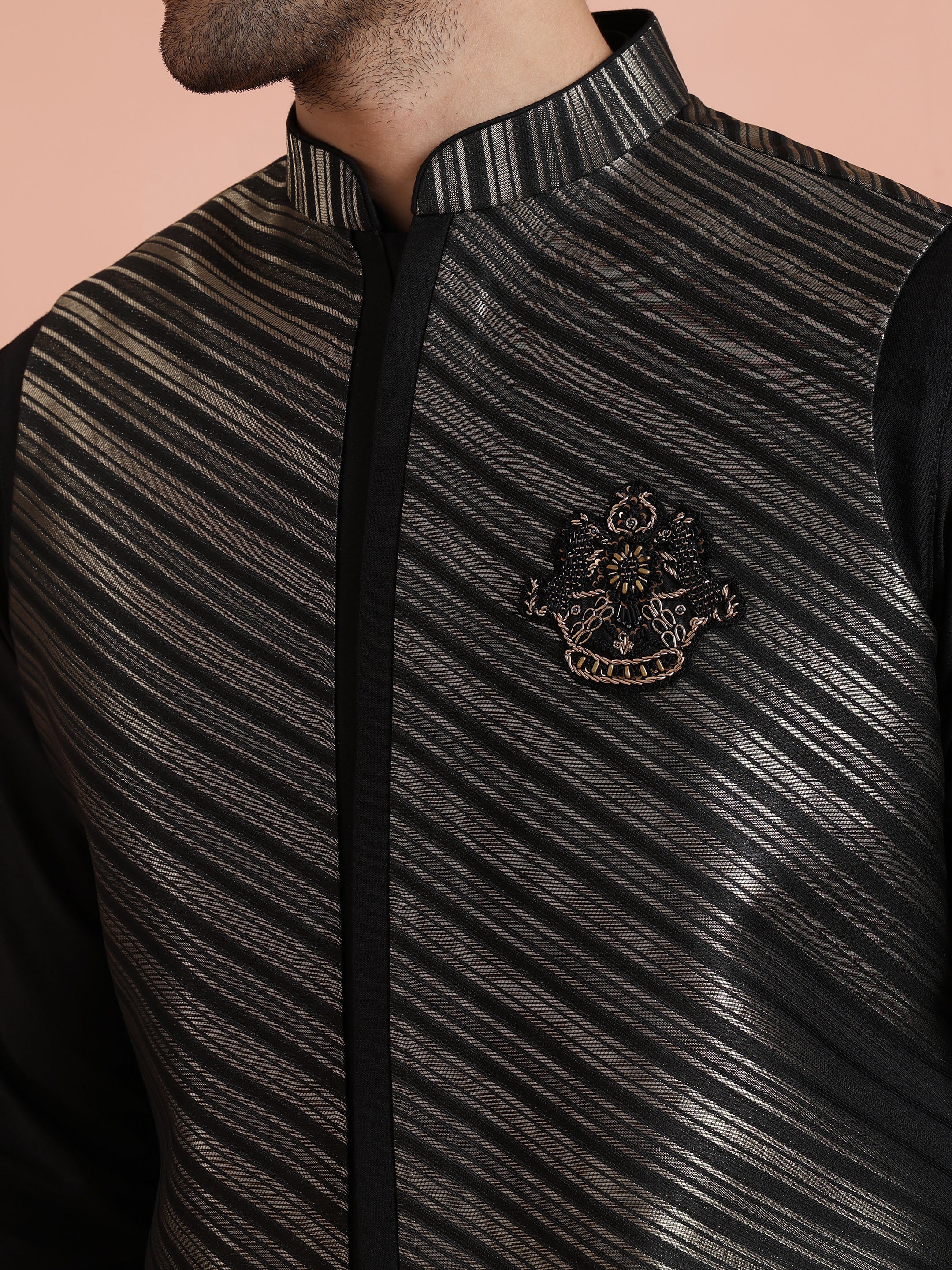 Black & Gold Striped Nehru Jacket  â€“ Stylish Festive - Image 5