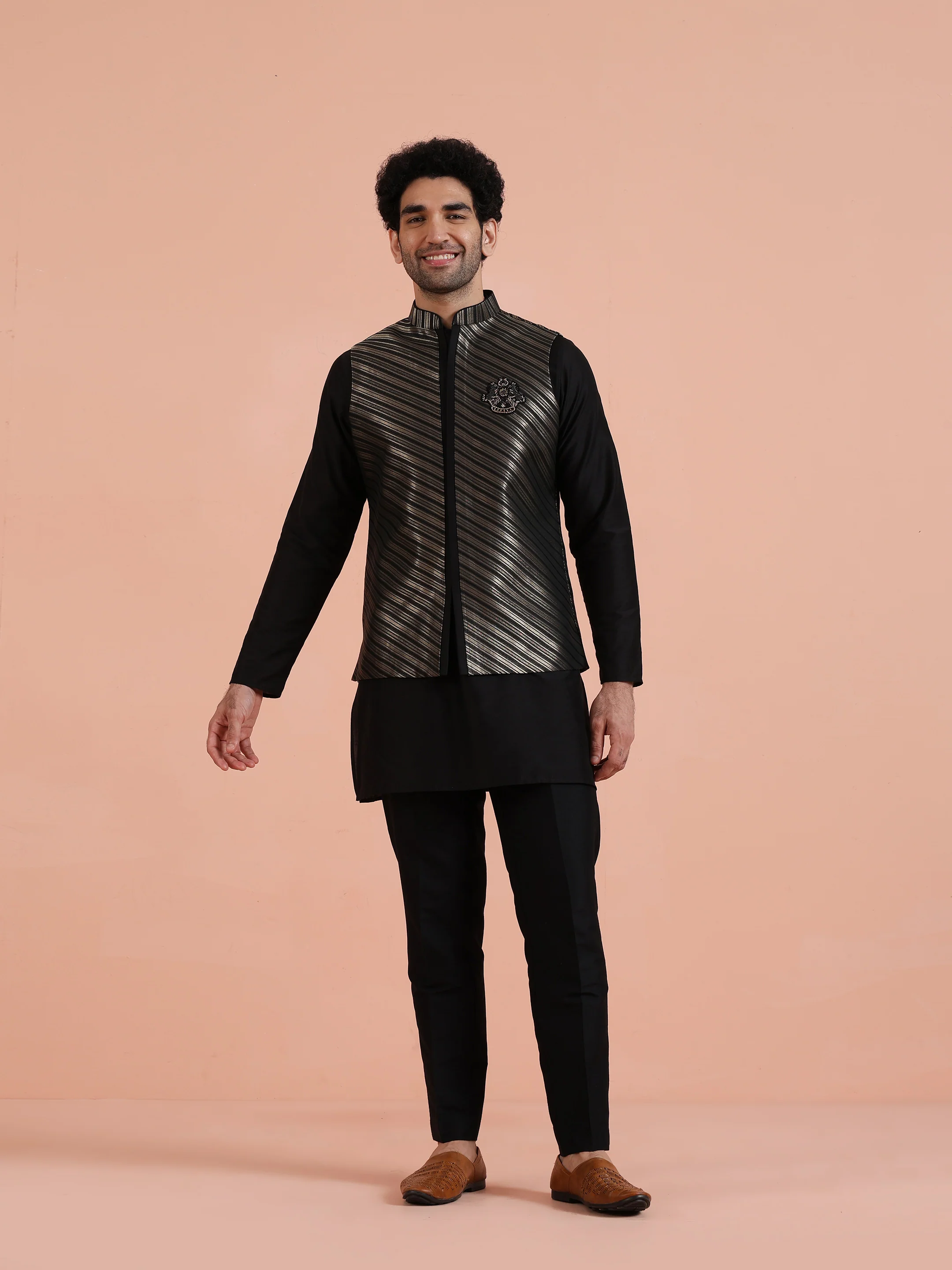 Black & Gold Striped Nehru Jacket  â€“ Stylish Festive - Image 7
