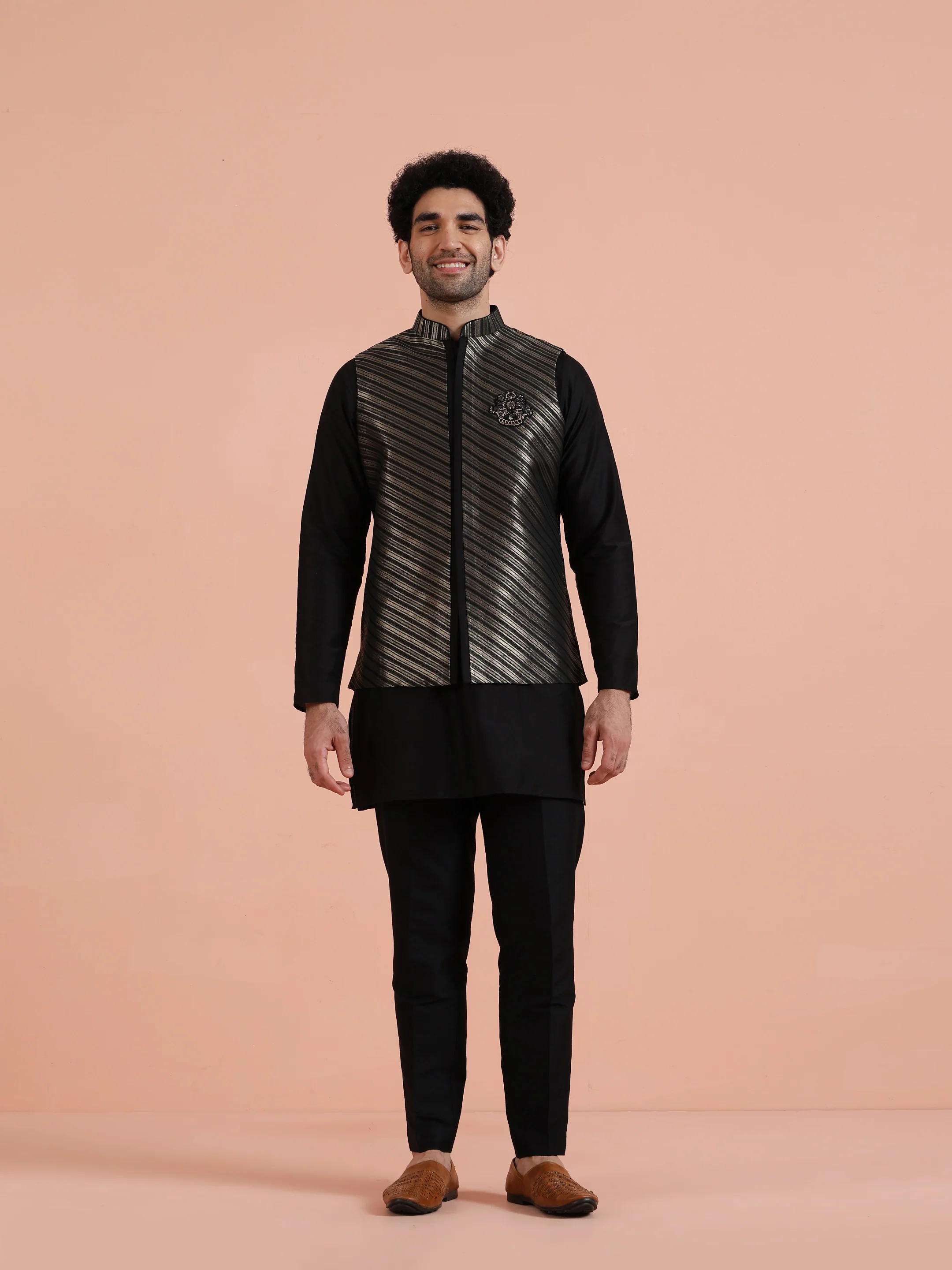 Black & Gold Striped Nehru Jacket  â€“ Stylish Festive - Image 8