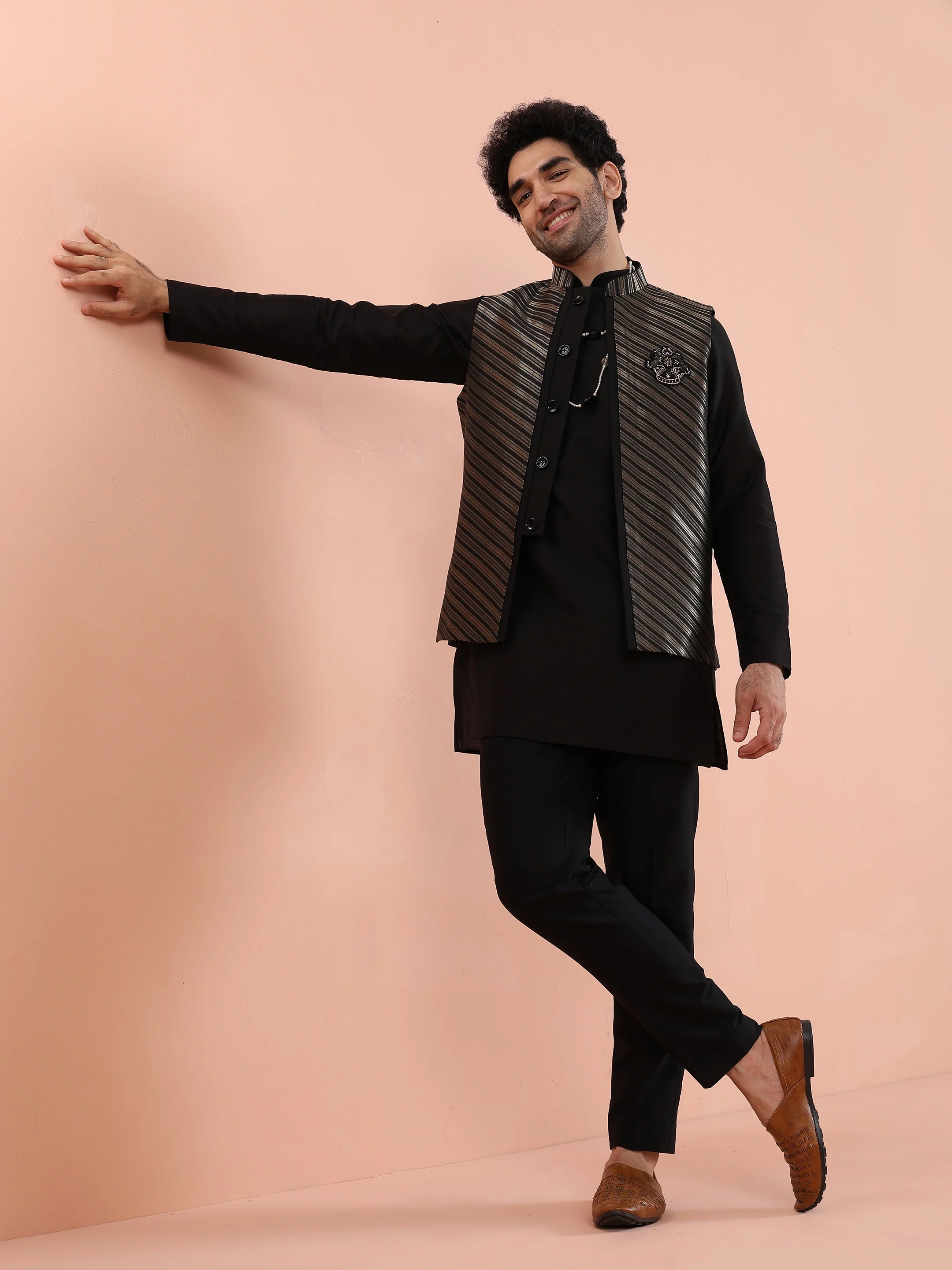 Black & Gold Striped Nehru Jacket  â€“ Stylish Festive - Image 9