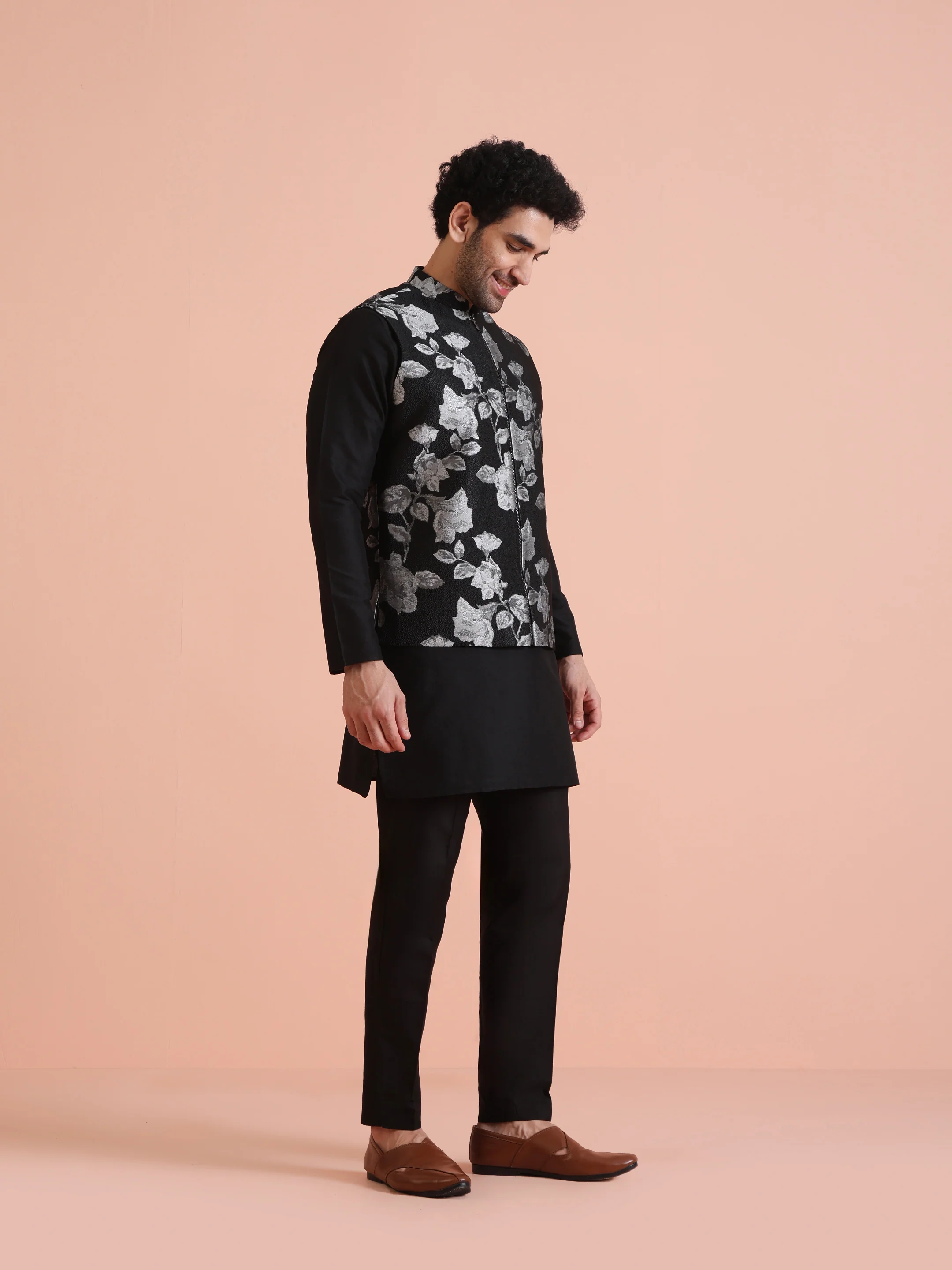 Black Jacquard Nehru Jacket Kurta Set - Image 3