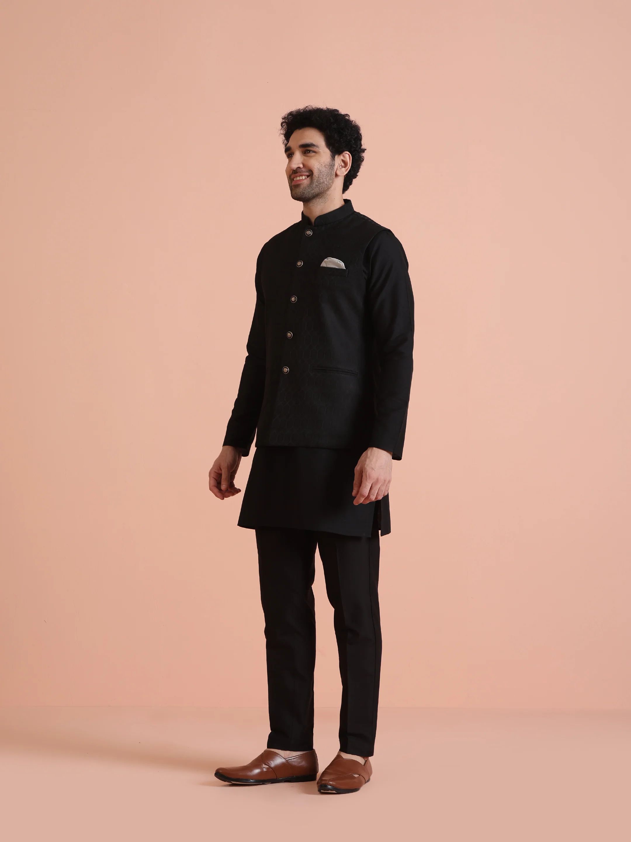 Black Jacquard Silk Blend Kurta Jacket Set - Image 2