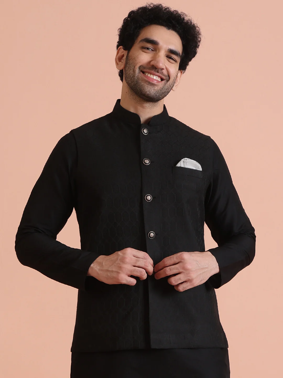 Black Jacquard Silk Blend Kurta Jacket Set - Image 8