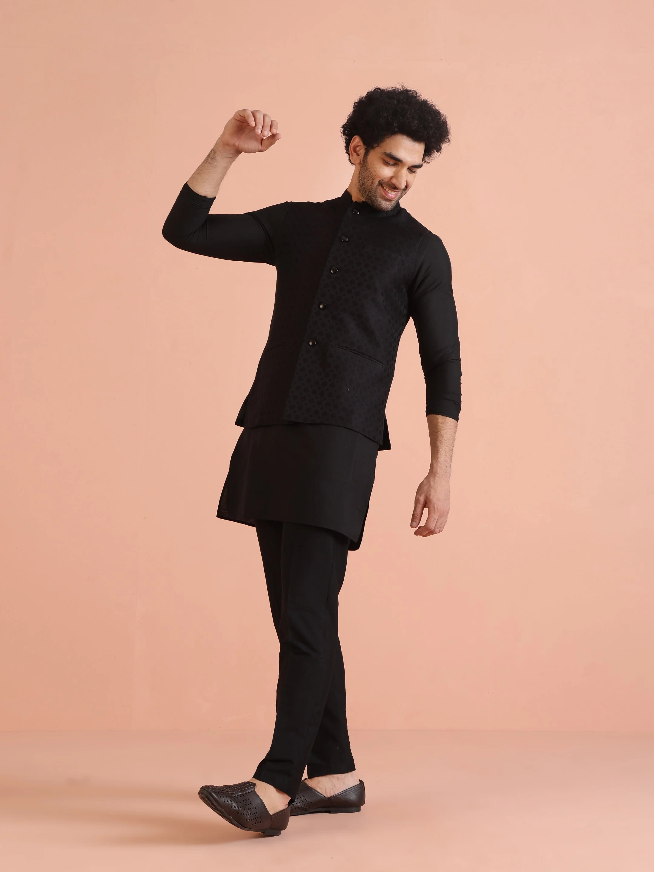 Black Jacquard Woven Jacket Kurta Trouser Set - Image 3