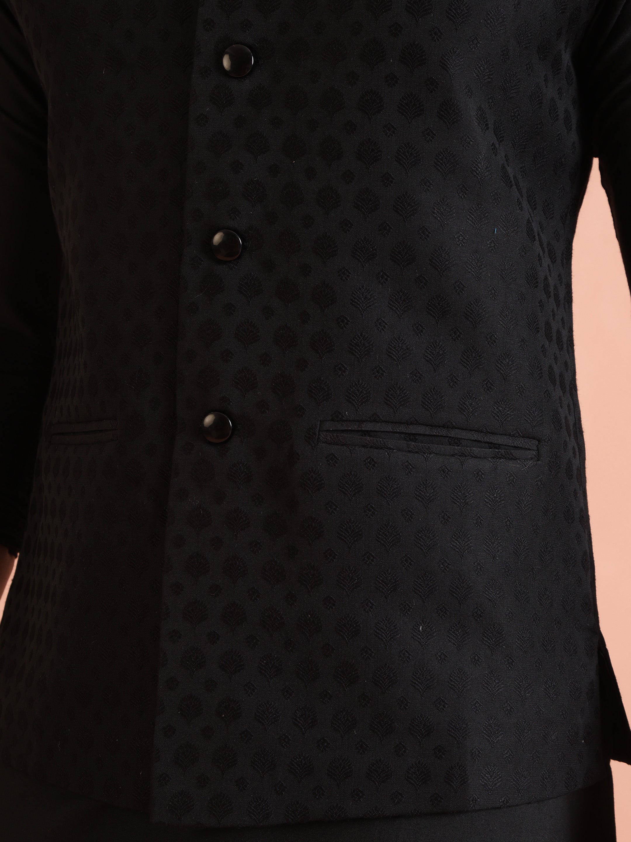 Black Jacquard Woven Jacket Kurta Trouser Set - Image 6