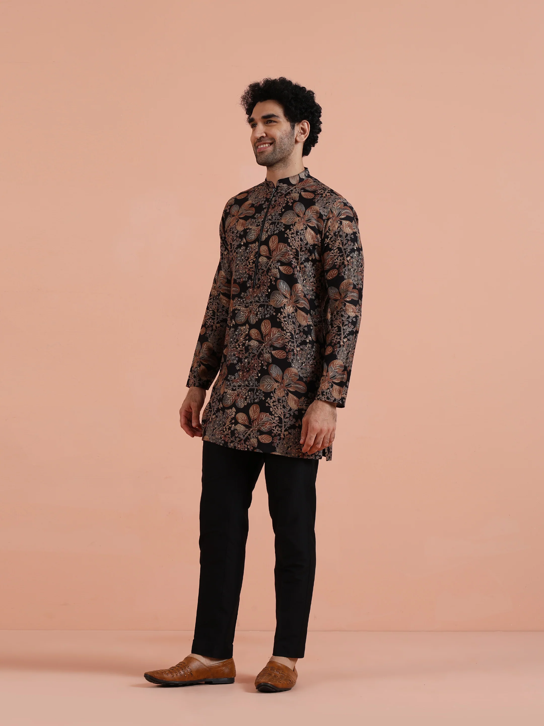 Black Kurta with Golden Floral Print - Image 2