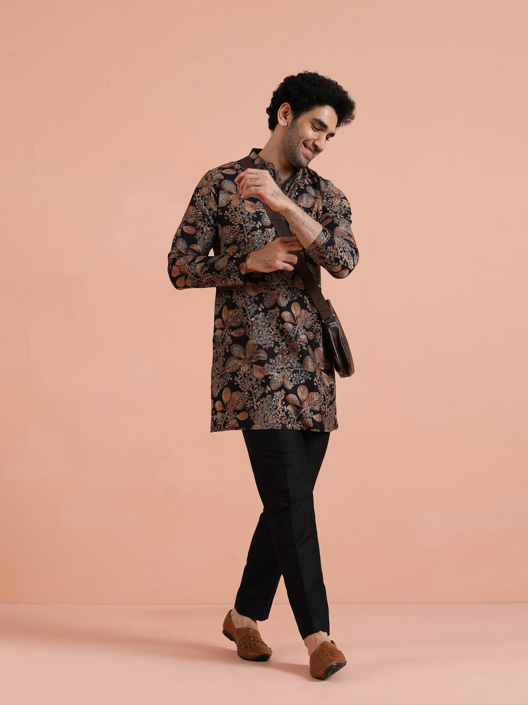 Black Kurta with Golden Floral Print - Image 6
