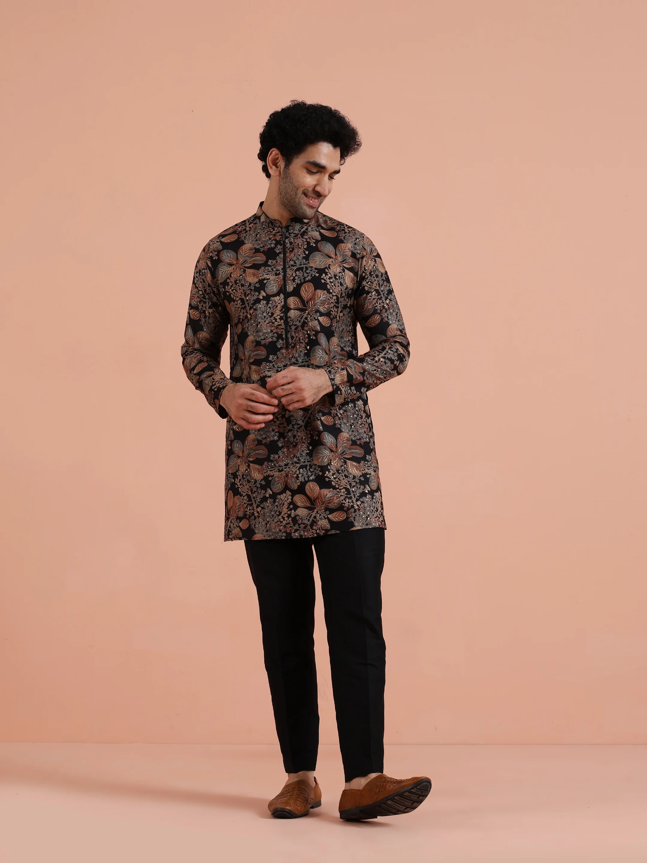 Black Kurta with Golden Floral Print - Image 7