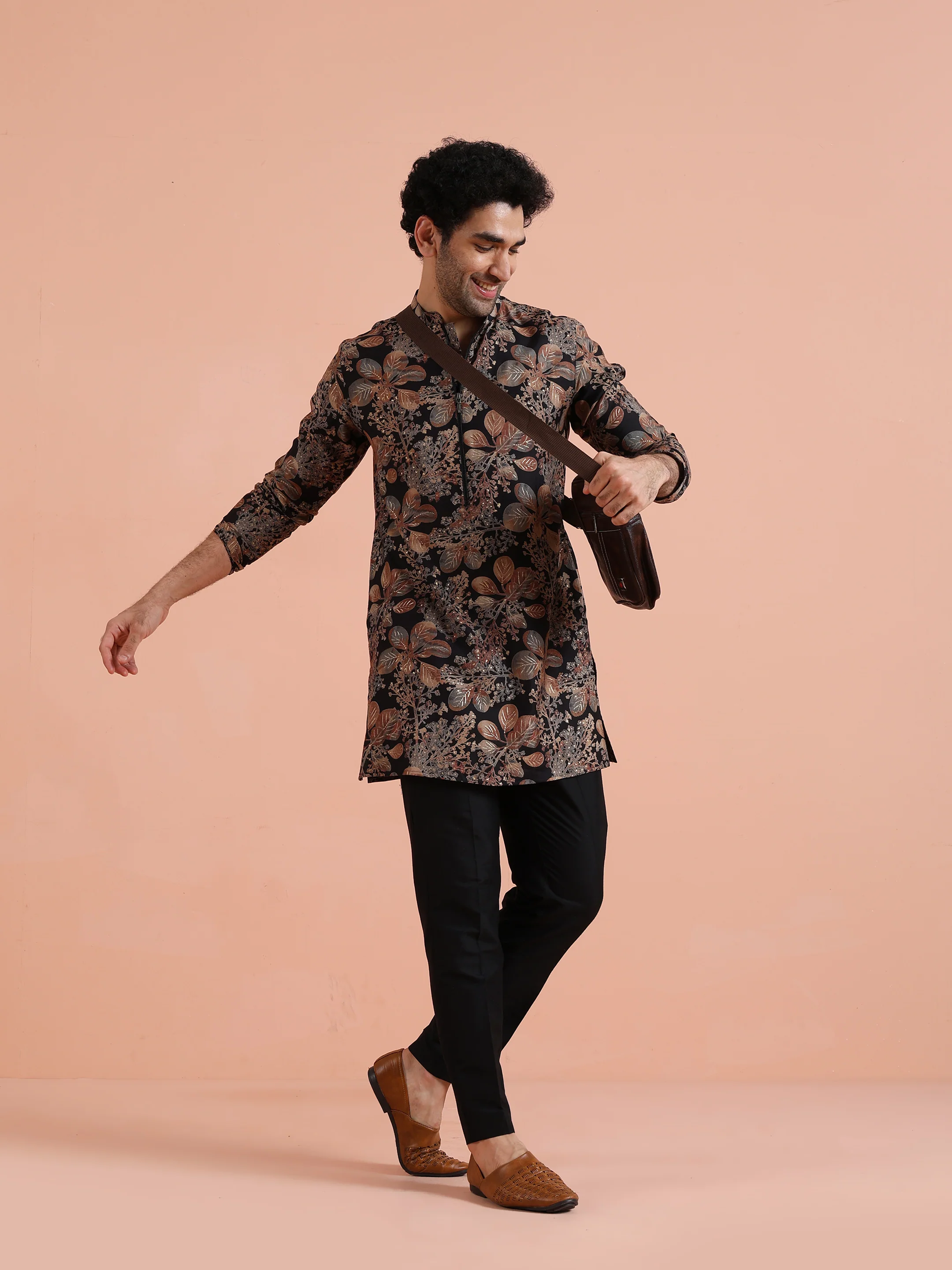 Black Kurta with Golden Floral Print - Image 9