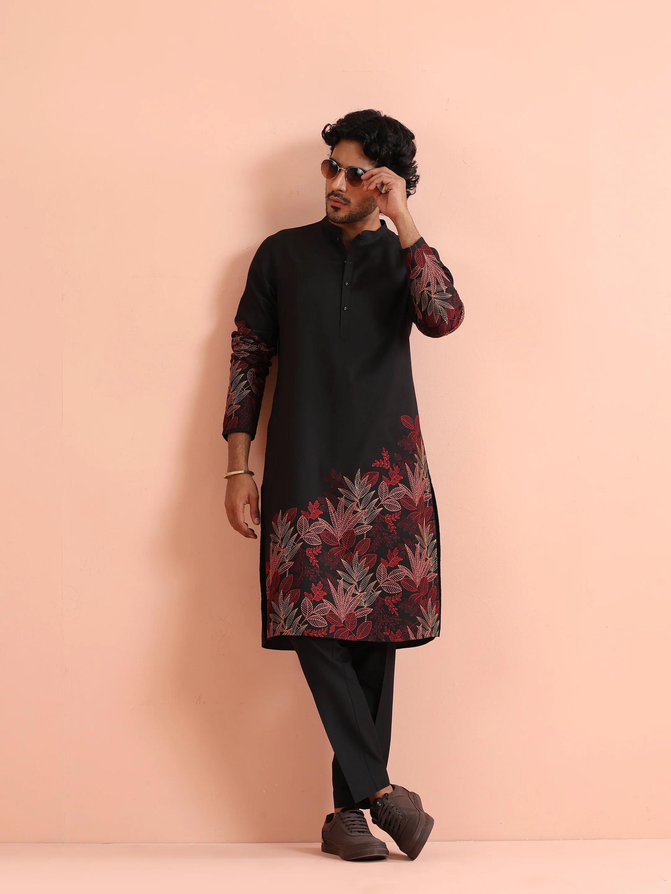 Black Kurta with Red Embroidery - Image 9