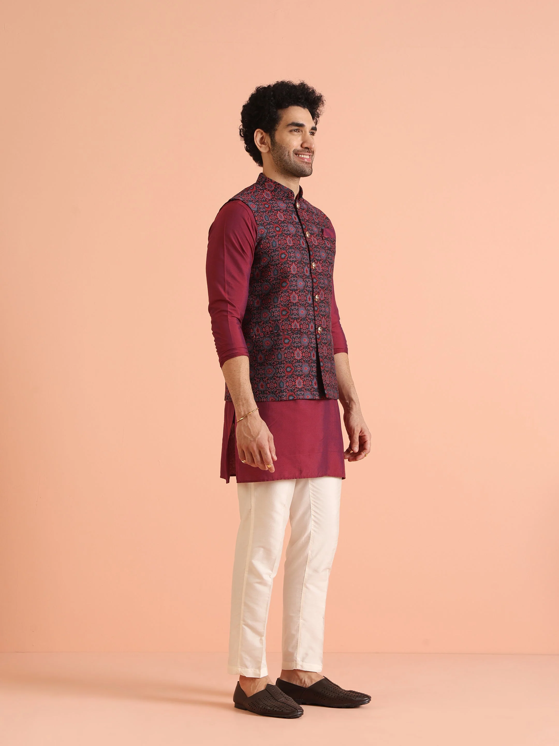 Black Maroon Woven Nehru Jacket - Image 4