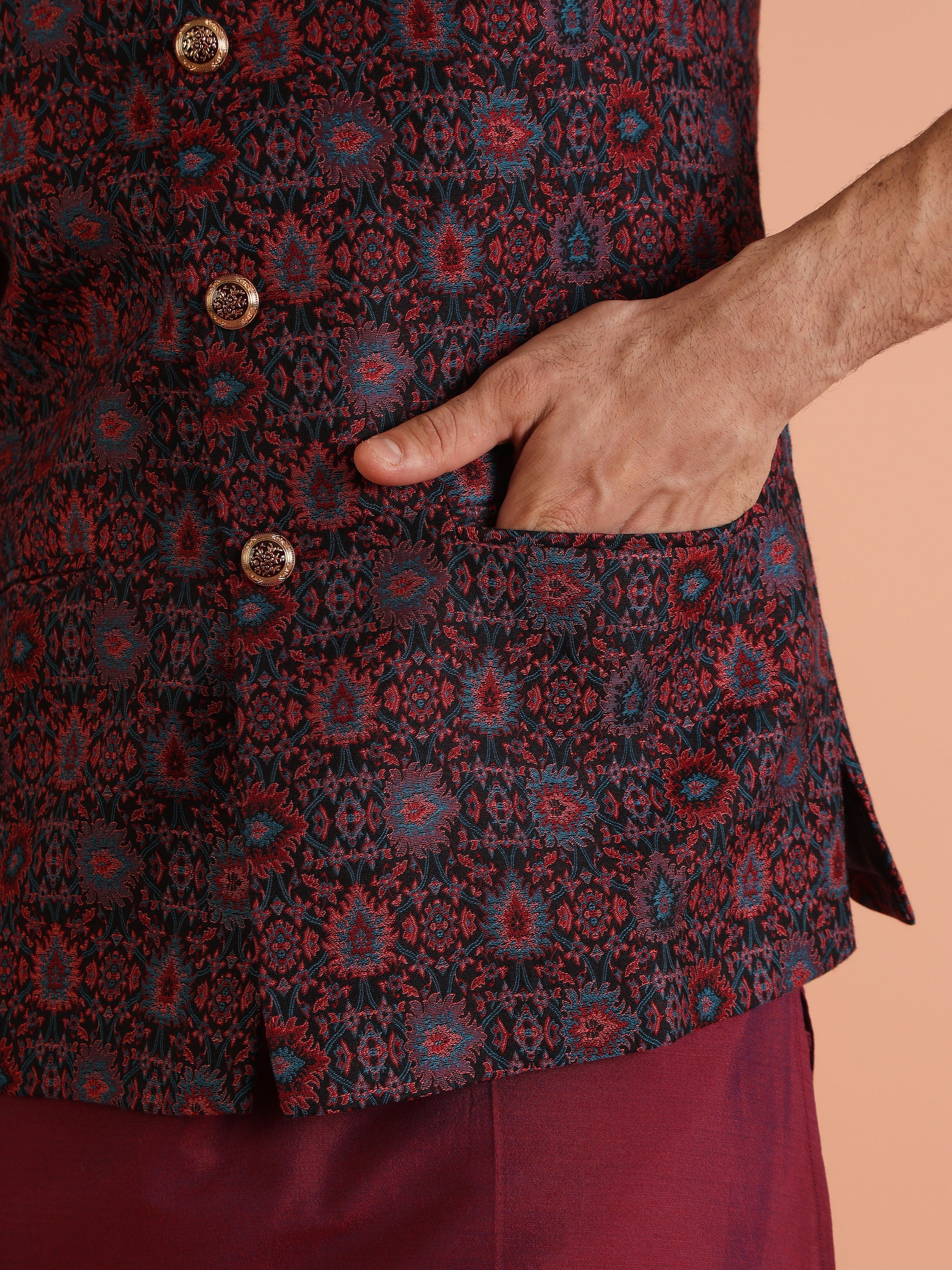 Black Maroon Woven Nehru Jacket - Image 7
