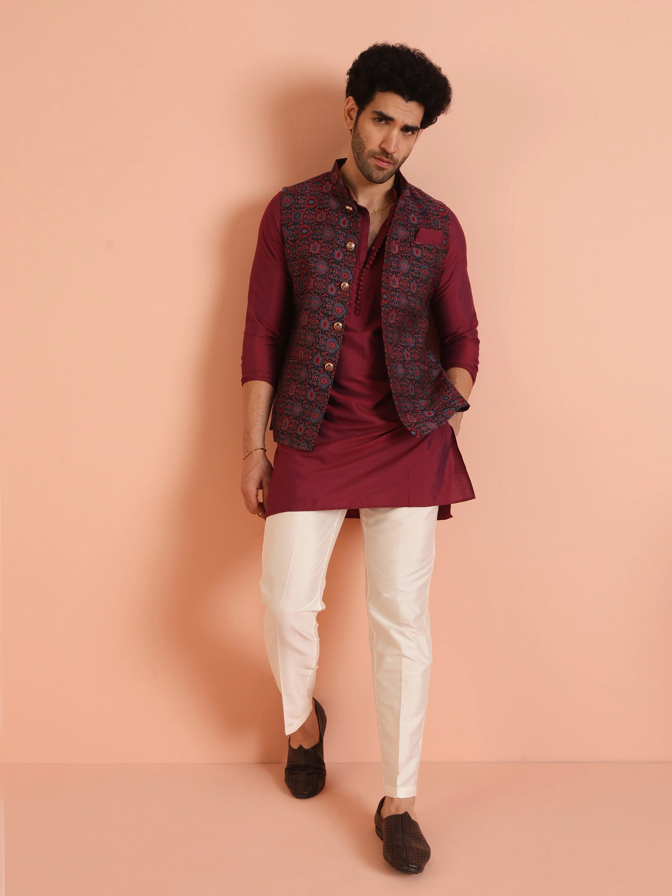 Black Maroon Woven Nehru Jacket - Image 9
