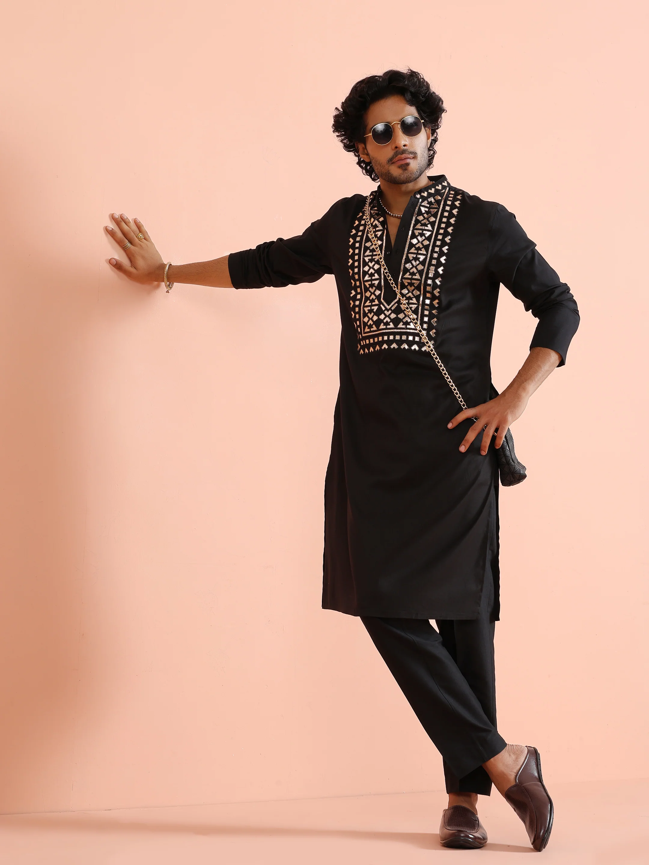 Black Metallic Embroidered Silk Kurta - Image 6