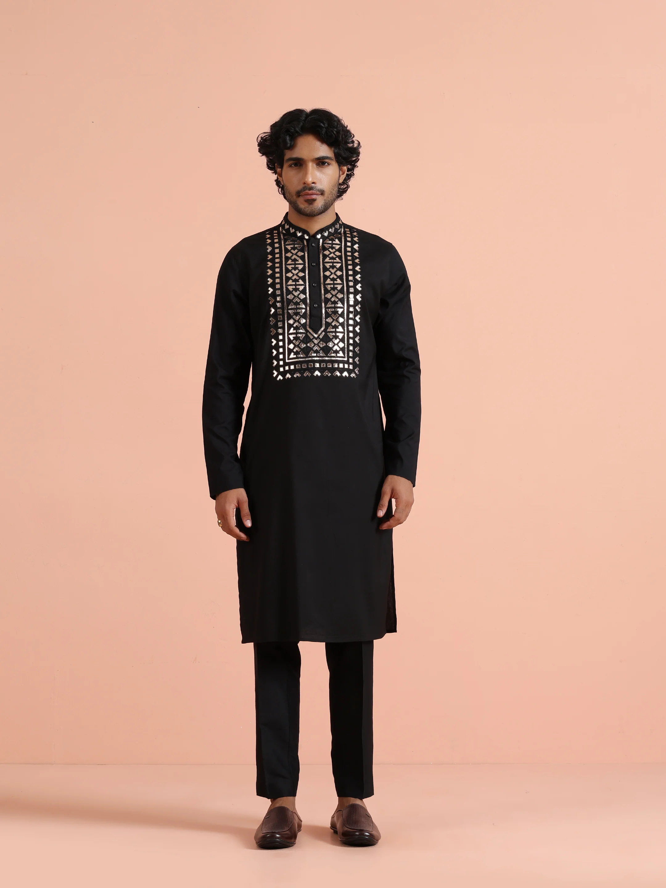 Black Metallic Embroidered Silk Kurta - Image 8