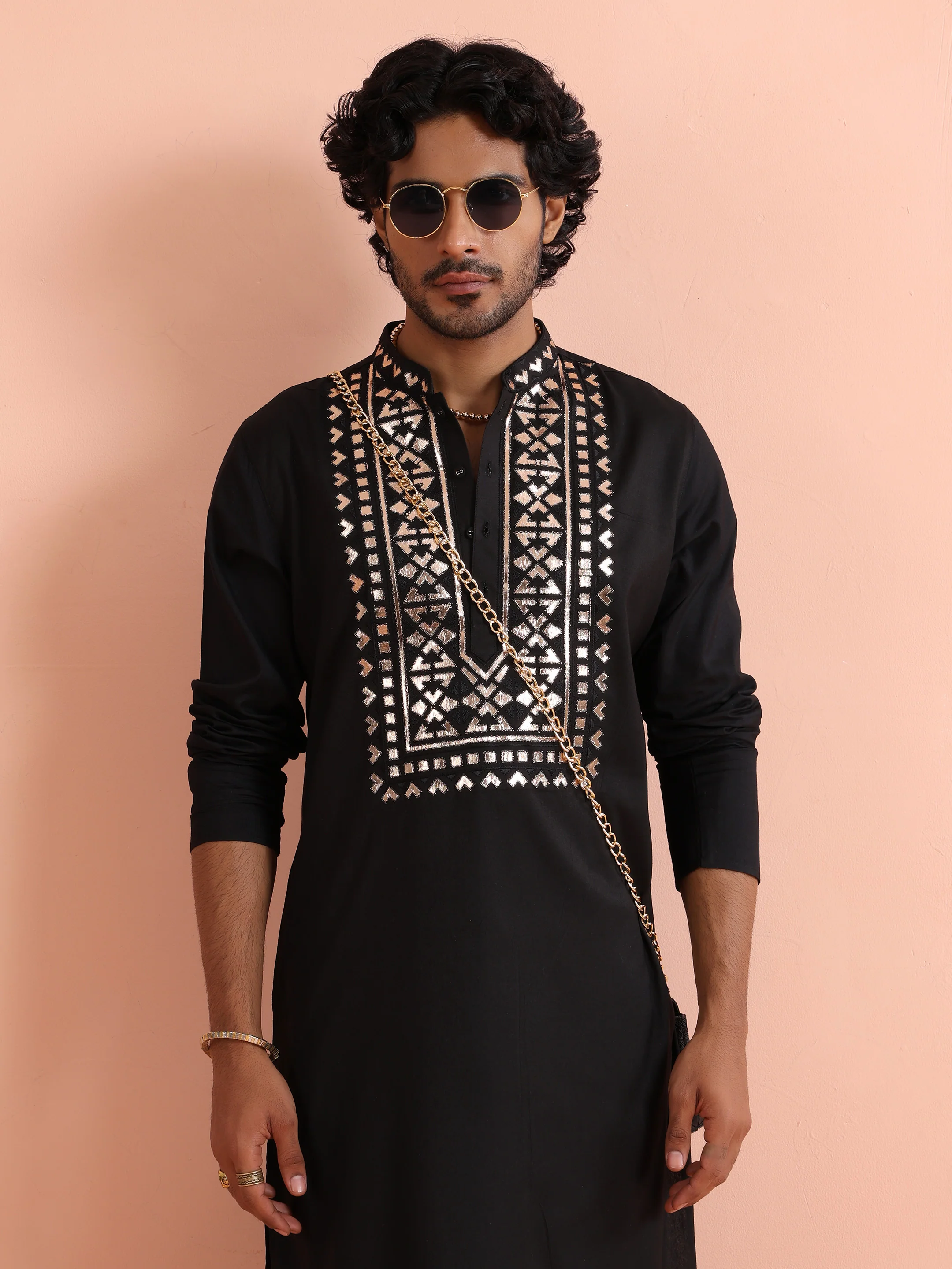 Black Metallic Embroidered Silk Kurta - Image 9