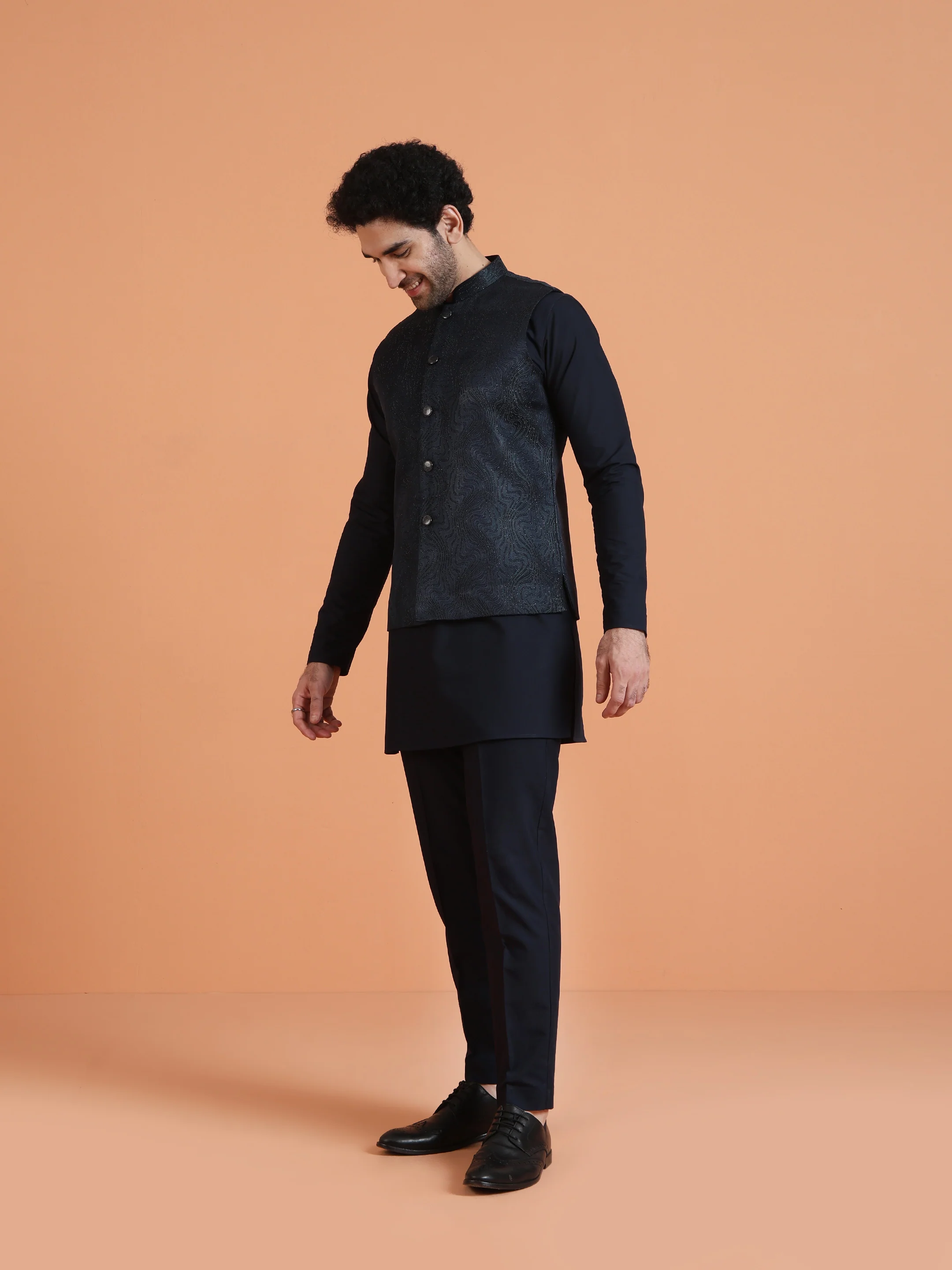 Black Metallic Textured Nehru Jacket - Image 2