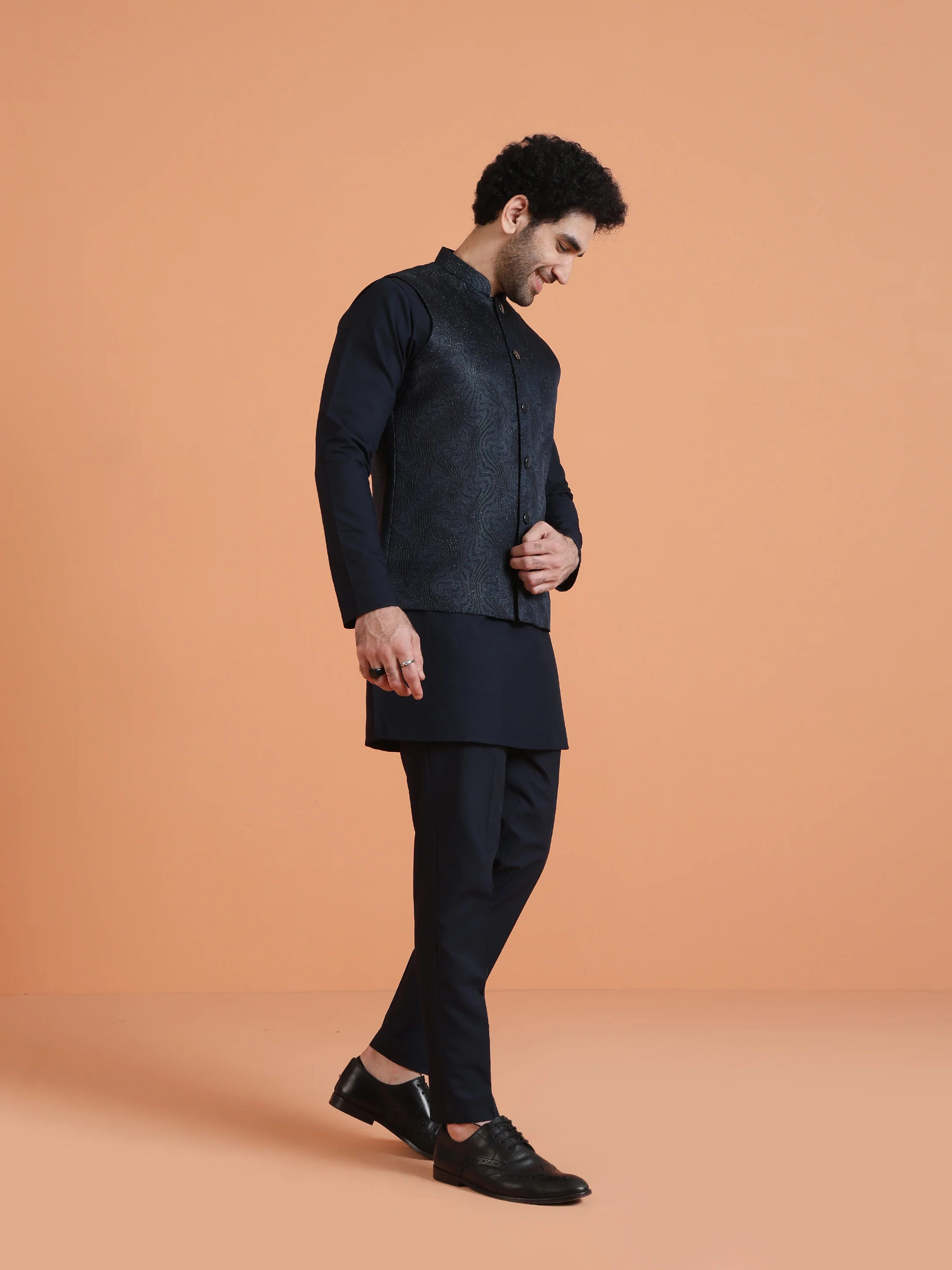 Black Metallic Textured Nehru Jacket - Image 3