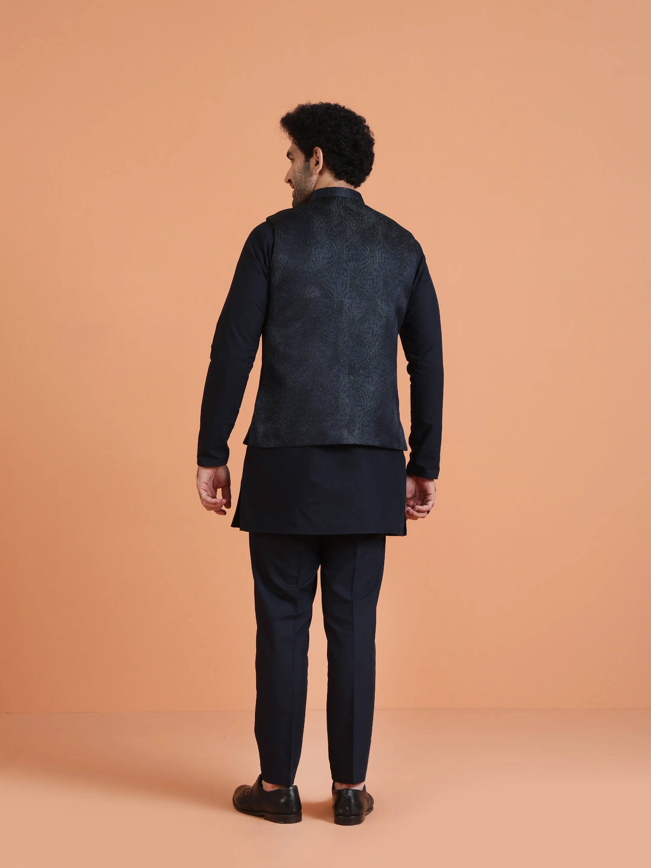 Black Metallic Textured Nehru Jacket - Image 4