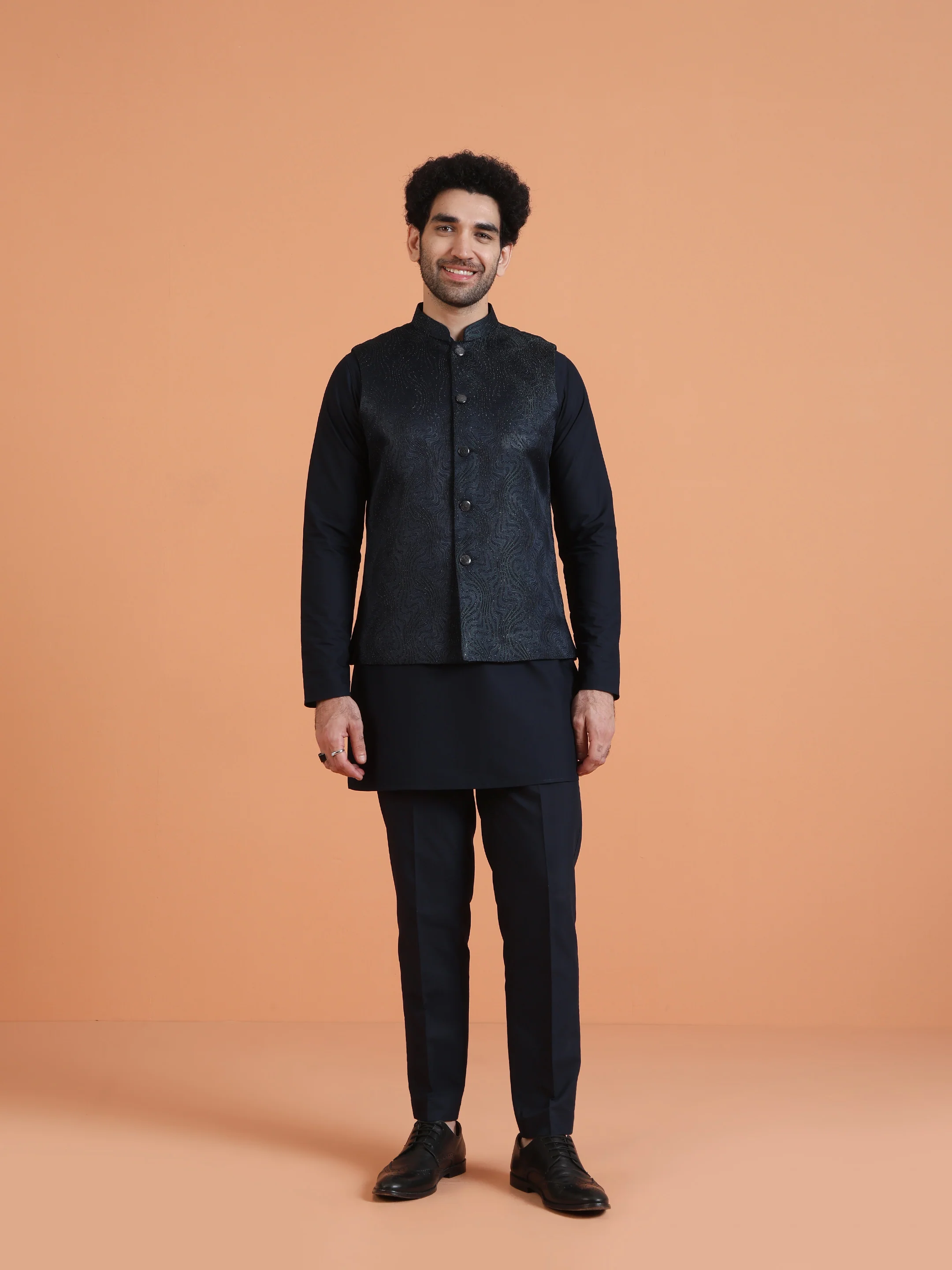 Black Metallic Textured Nehru Jacket - Image 6